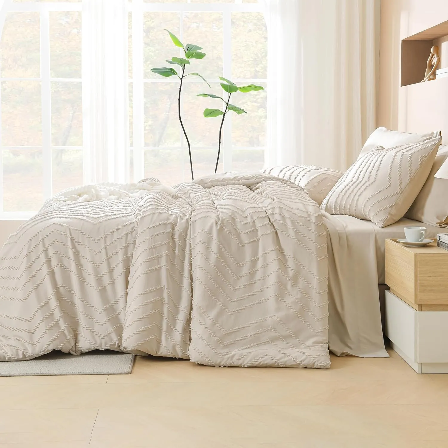 Litanika Beige King Size Comforter Set with Sheets - 7 Pieces Bed in a Bag King Boho Tufted Complete Beddding Sets with Comforter, Sheets, Pillowcases & Shams