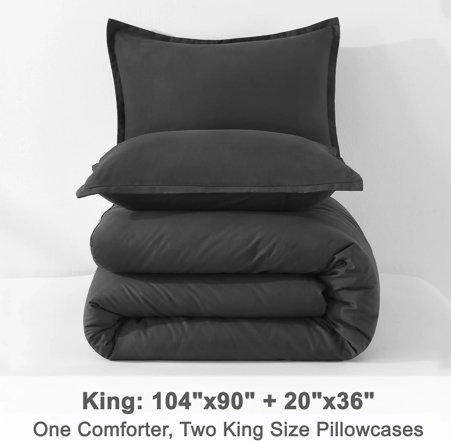 Litanika Grey Comforter King Size Set, Dark Gray Lightweight Plain Bedding Comforters Sets, All Season Fluffy Bed Set (104x90In Comforter & 2 Pillowcases)