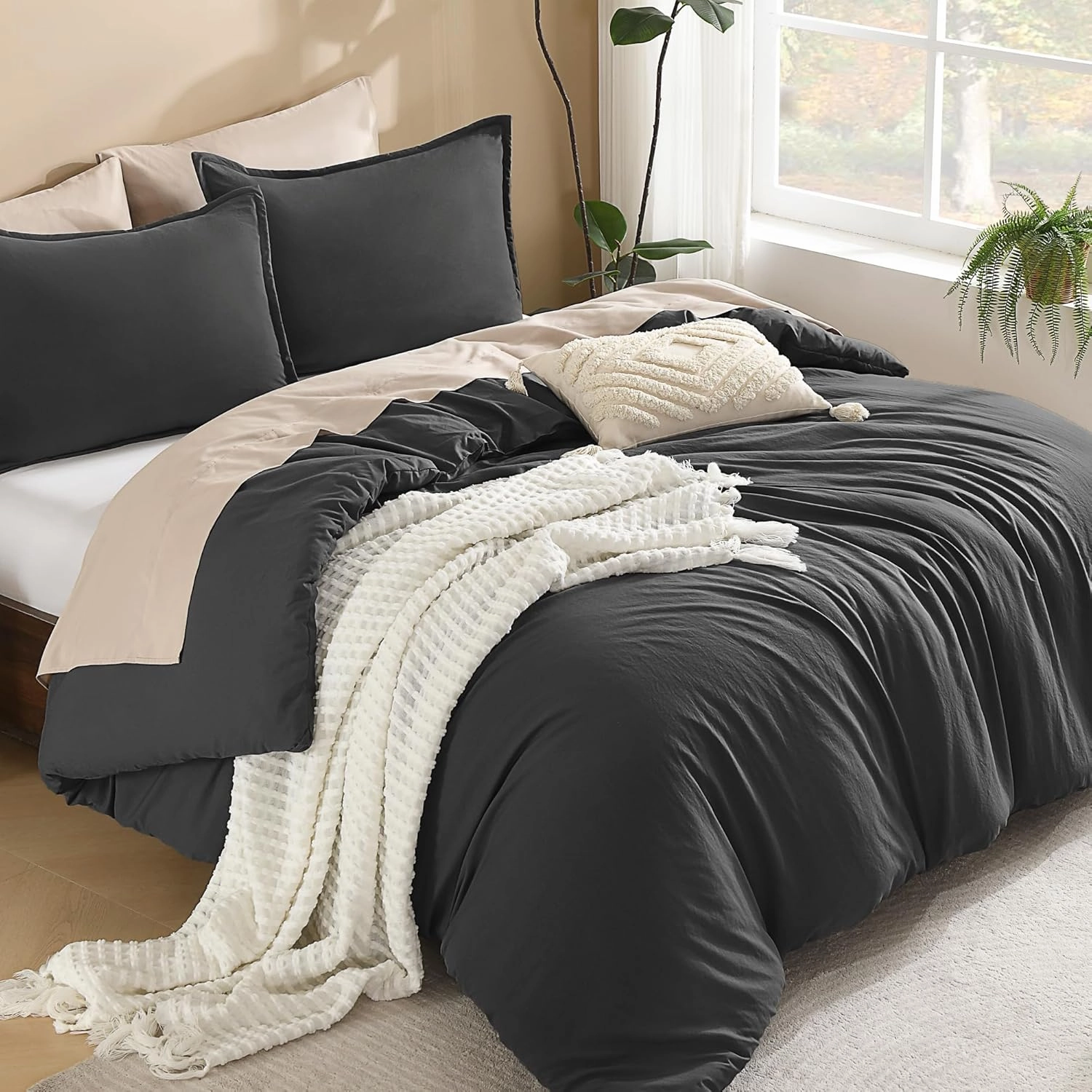 Litanika Grey Comforter King Size Set, Dark Gray Lightweight Plain Bedding Comforters Sets, All Season Fluffy Bed Set (104x90In Comforter & 2 Pillowcases)