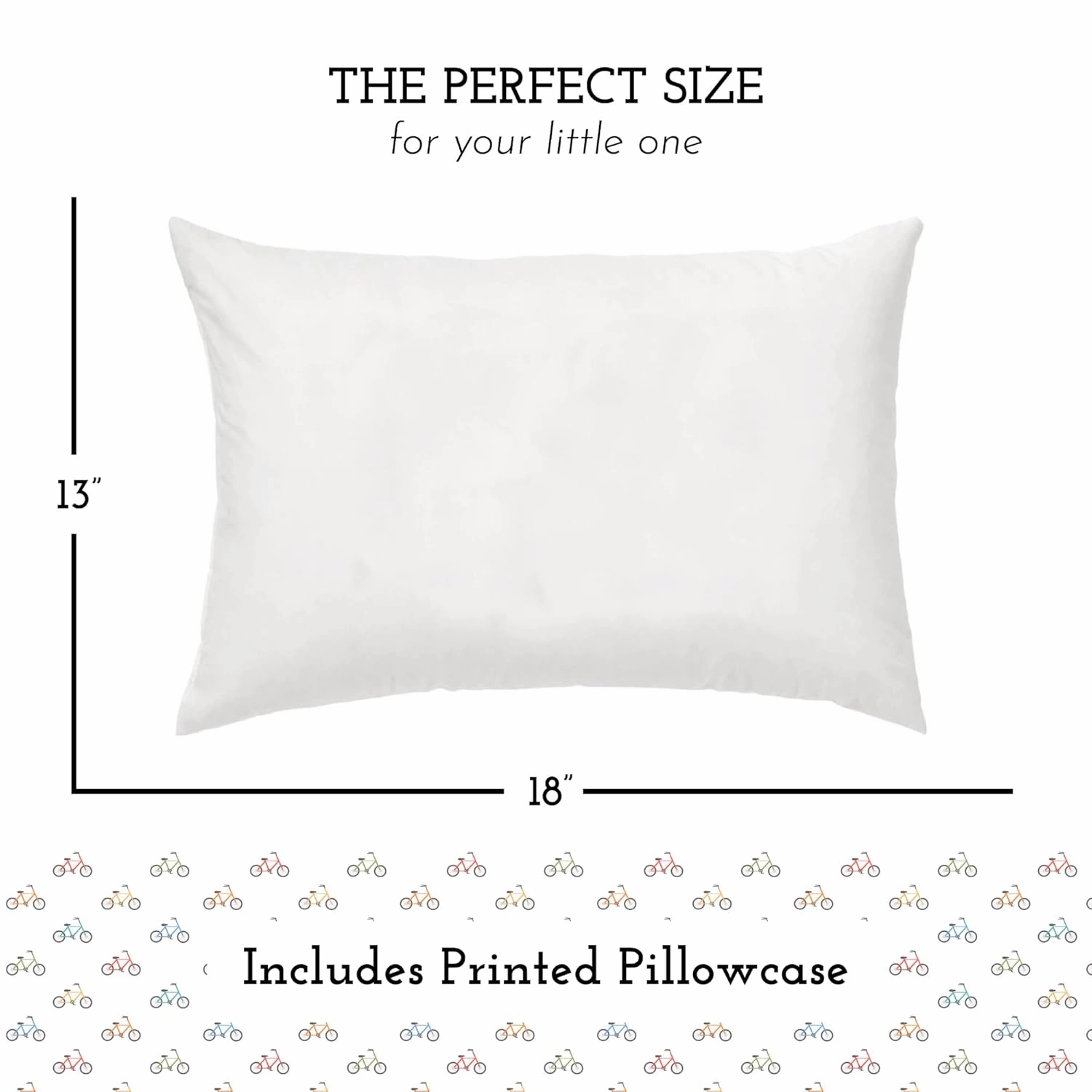 Little Sleepy Head Toddler Pillow with Pillowcase 13x18 - Kids Pillow for Sleeping - Better Neck Support Ergonomic Pillow and Toddler Pillowcase - Best Pillows for Kids (Bicycles)