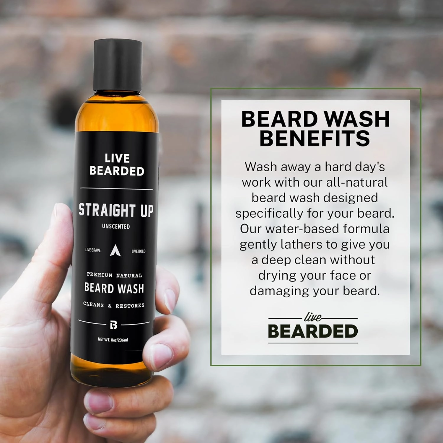 Live Bearded Beard Wash, 8 fl oz - Water-Based Face Cleanser with All-Natural Ingredients for a Gentle, Deep Clean - Made in the USA | Straight Up Unscented - Fragrance-Free