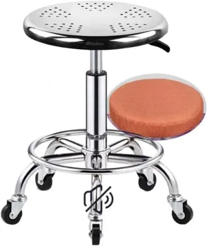 Load-Bearing 440Ibs Heavy Duty Adjustable Height Stainless Steel Structure Work Shop Stool Round Cushion,with Thick seat Cover, PU Silent Wheel, Salon Rolling Stool Swive,B (F)