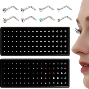 LOLIAS 𝟖𝟎-𝟏𝟔𝟎𝐏𝐜𝐬 Nose Rings Studs for Women Men - Straight or L Shaped Surgical Stainless Steel Small Nose Studs Pin - Hypoallergenic 20G 22G Tiny Nose Piercing Jewelry 1.5/2/2.5/3 mm CZ