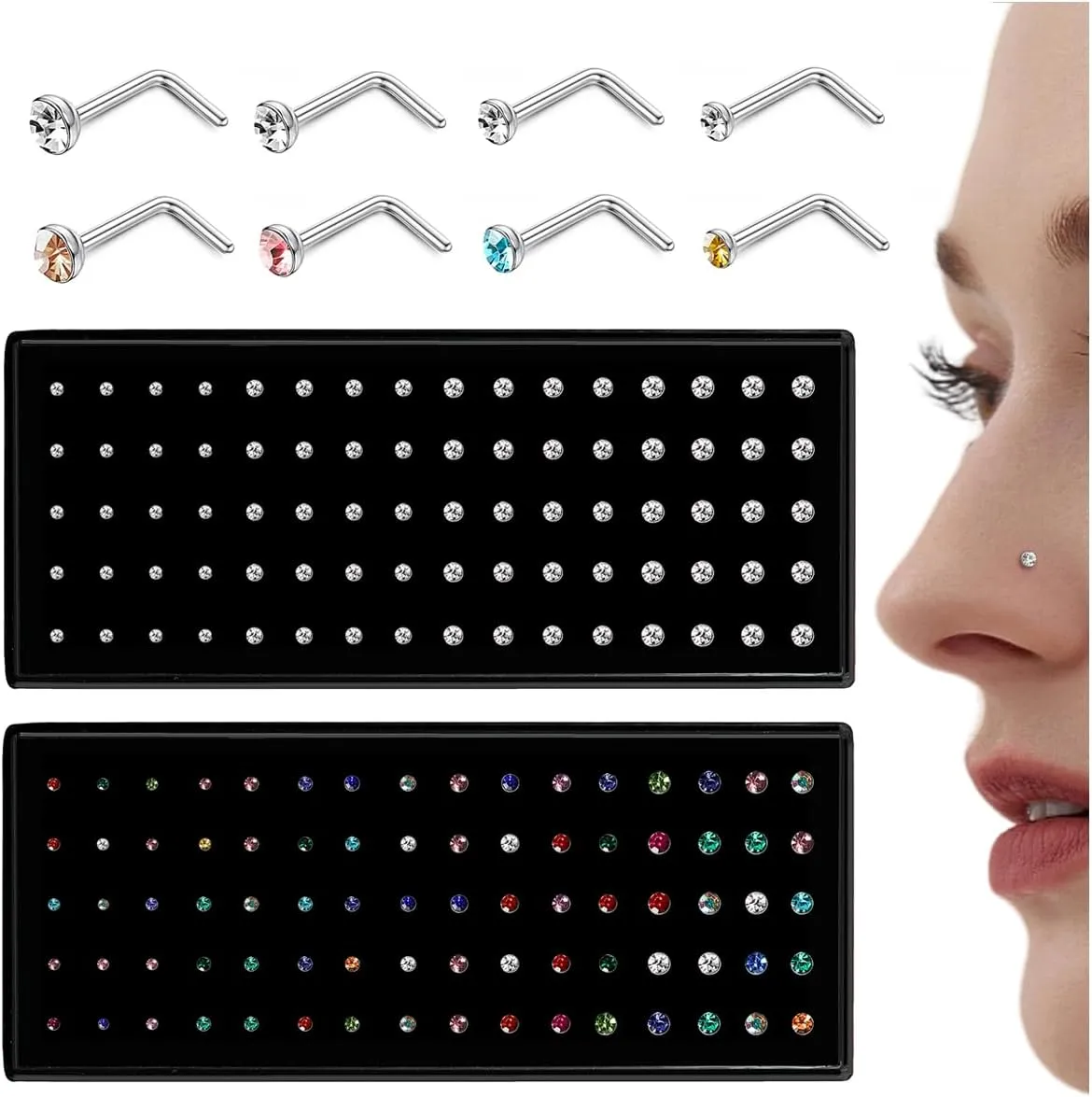 LOLIAS 𝟖𝟎-𝟏𝟔𝟎𝐏𝐜𝐬 Nose Rings Studs for Women Men - Straight or L Shaped Surgical Stainless Steel Small Nose Studs Pin - Hypoallergenic 20G 22G Tiny Nose Piercing Jewelry 1.5/2/2.5/3 mm CZ