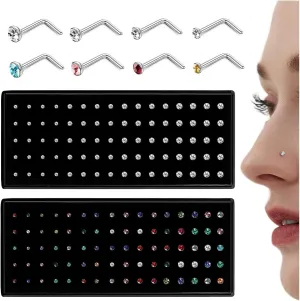 LOLIAS 𝟖𝟎-𝟏𝟔𝟎𝐏𝐜𝐬 Nose Rings Studs for Women Men - Straight or L Shaped Surgical Stainless Steel Small Nose Studs Pin - Hypoallergenic 20G 22G Tiny Nose Piercing Jewelry 1.5/2/2.5/3 mm CZ