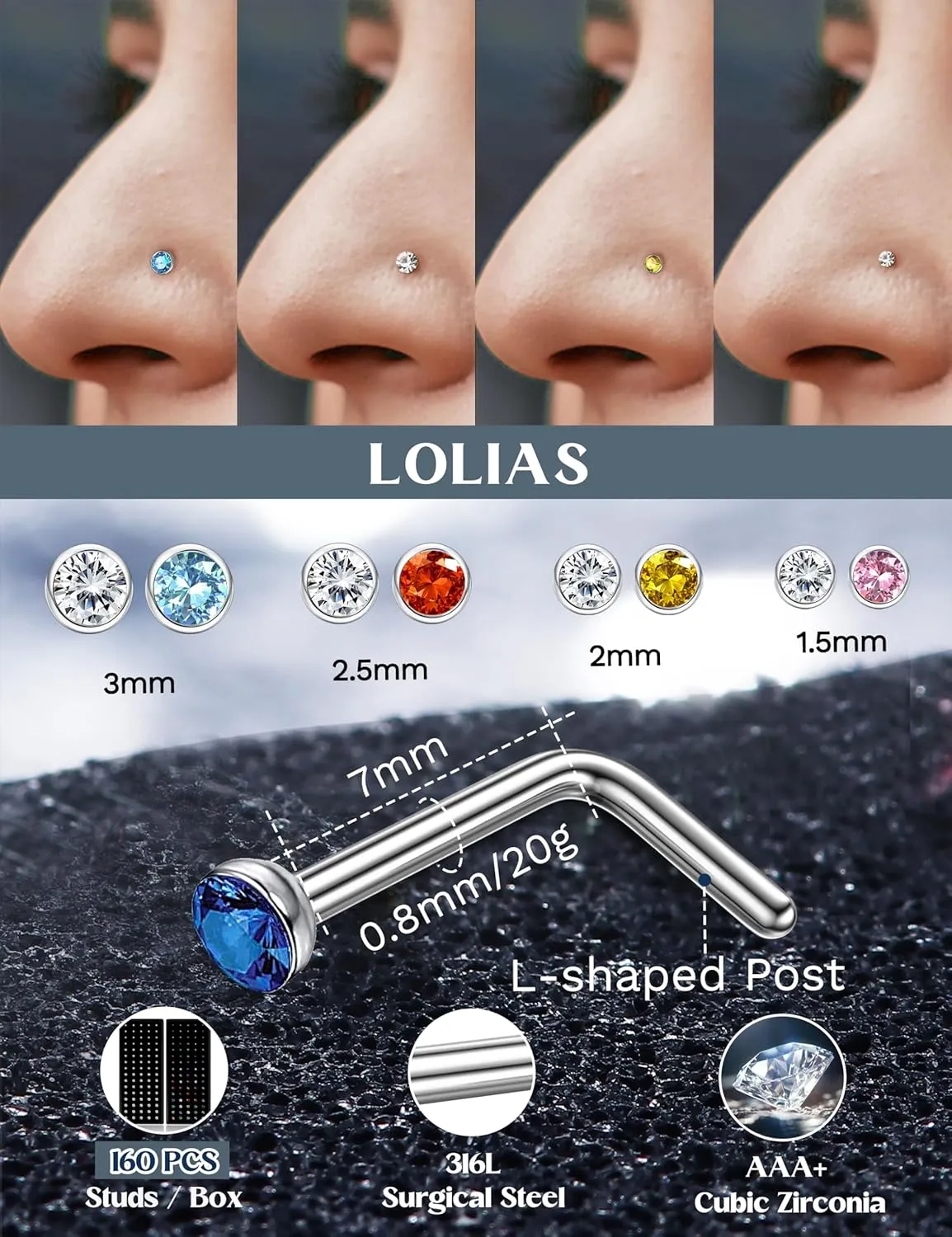 LOLIAS 𝟖𝟎-𝟏𝟔𝟎𝐏𝐜𝐬 Nose Rings Studs for Women Men - Straight or L Shaped Surgical Stainless Steel Small Nose Studs Pin - Hypoallergenic 20G 22G Tiny Nose Piercing Jewelry 1.5/2/2.5/3 mm CZ