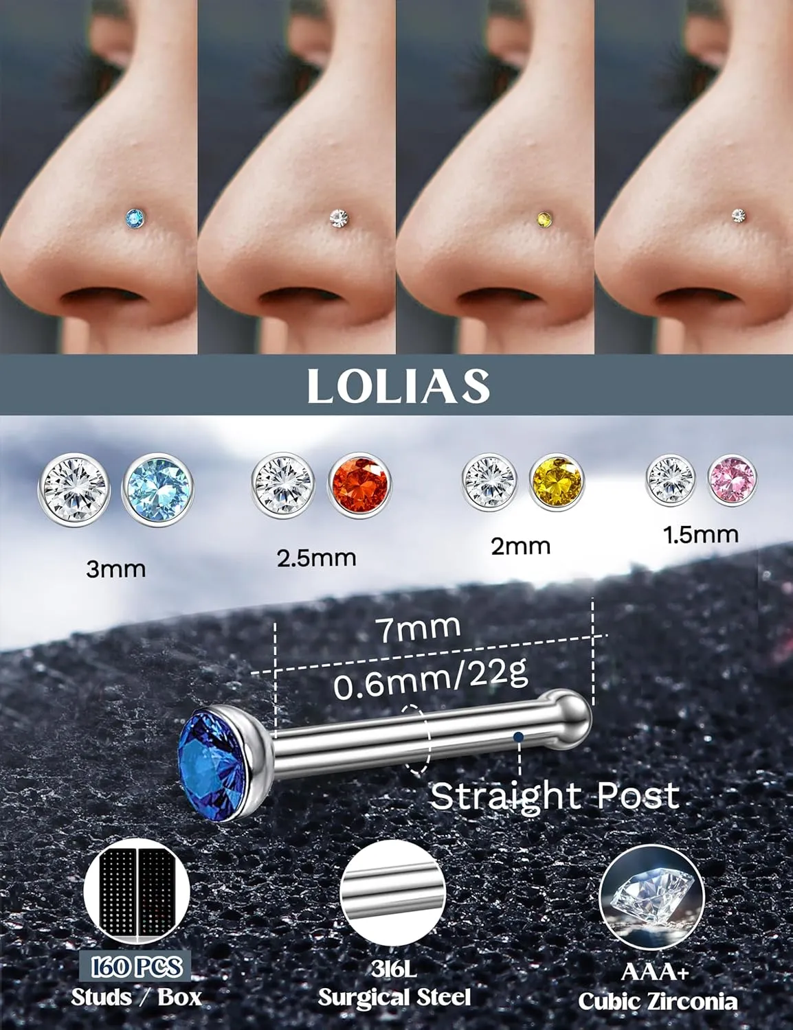 LOLIAS 𝟖𝟎-𝟏𝟔𝟎𝐏𝐜𝐬 Nose Rings Studs for Women Men - Straight or L Shaped Surgical Stainless Steel Small Nose Studs Pin - Hypoallergenic 20G 22G Tiny Nose Piercing Jewelry 1.5/2/2.5/3 mm CZ