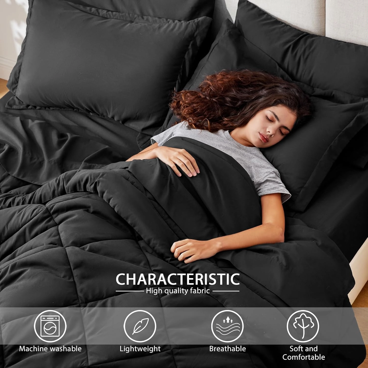 Love's cabin Twin Comforter Set Black, 5 Pieces Twin Bed in a Bag, All Season Twin Bedding Sets with 1 Comforter, 1 Flat Sheet, 1 Fitted Sheet, 1 Pillowcase and 1 Pillow Sham