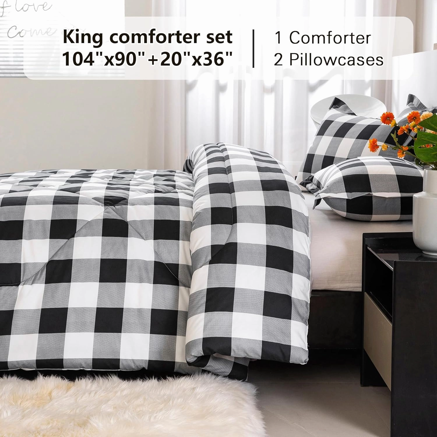 LUCKYBULL King Comforter Set 3 Pieces Fluffy Bedding Set Black Plaid Down Alternative Comforter, Buffalo Checkered Soft Textured Comforter with 2 Pillowcases All Seasons, Black White Gray
