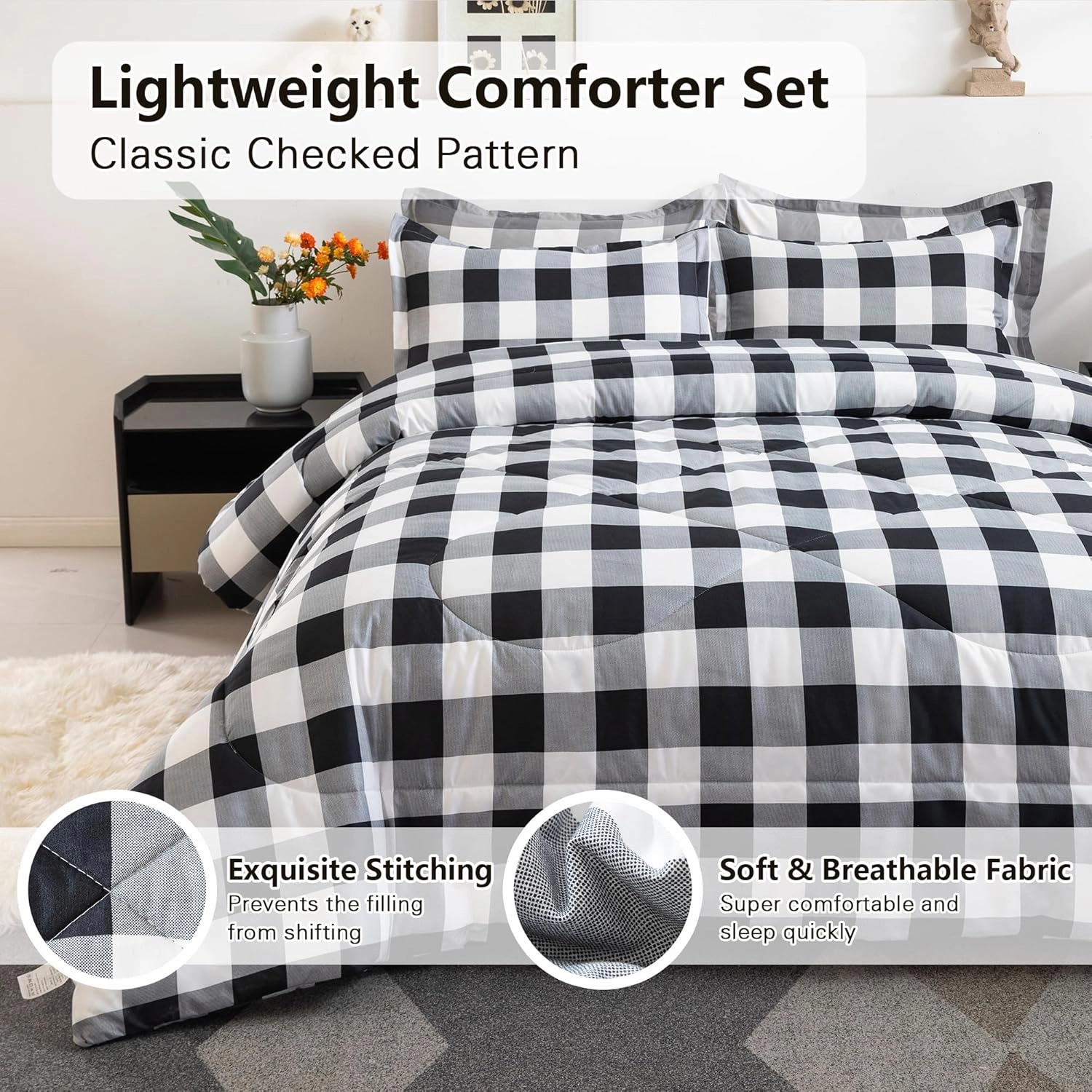 LUCKYBULL King Comforter Set 3 Pieces Fluffy Bedding Set Black Plaid Down Alternative Comforter, Buffalo Checkered Soft Textured Comforter with 2 Pillowcases All Seasons, Black White Gray