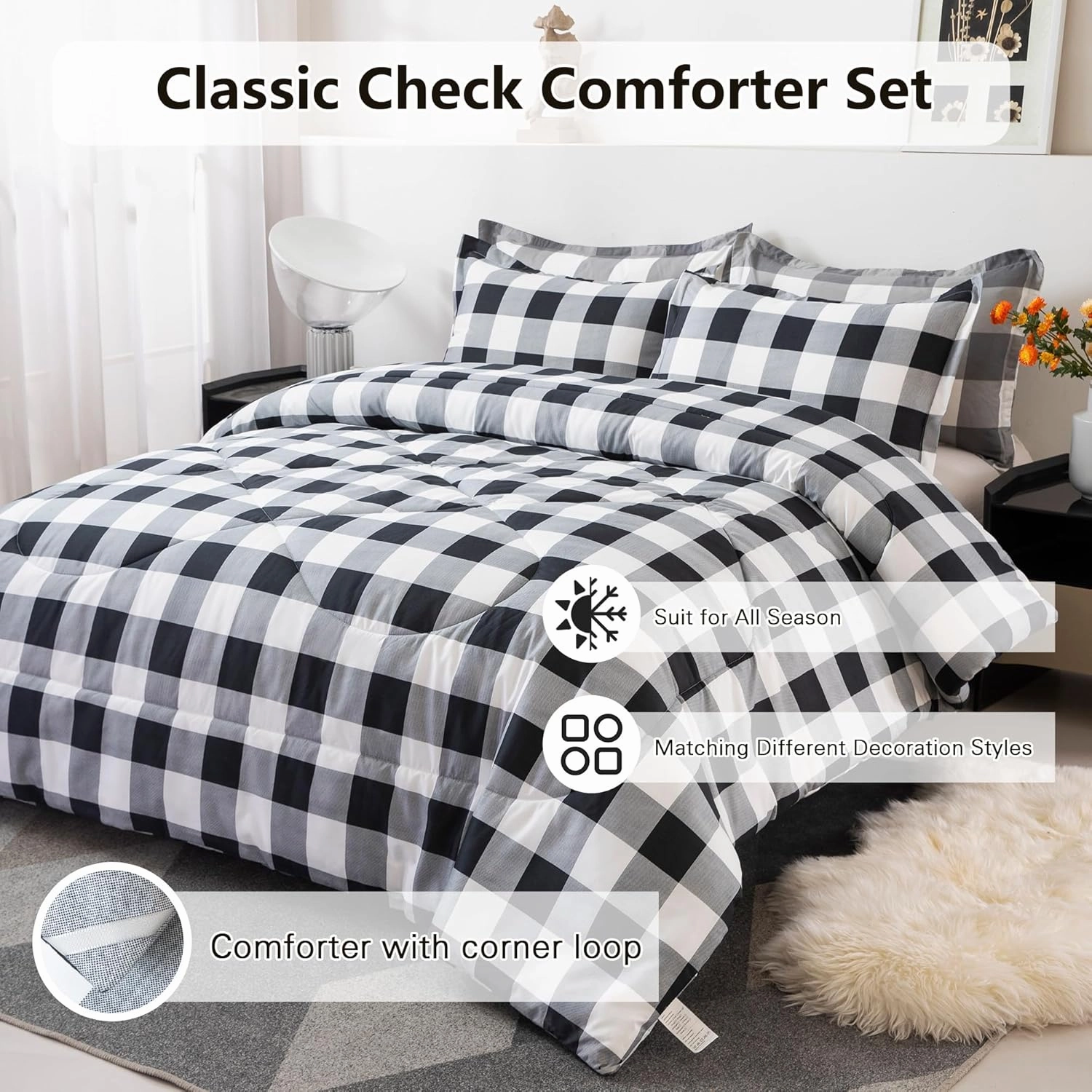 LUCKYBULL King Comforter Set 3 Pieces Fluffy Bedding Set Black Plaid Down Alternative Comforter, Buffalo Checkered Soft Textured Comforter with 2 Pillowcases All Seasons, Black White Gray