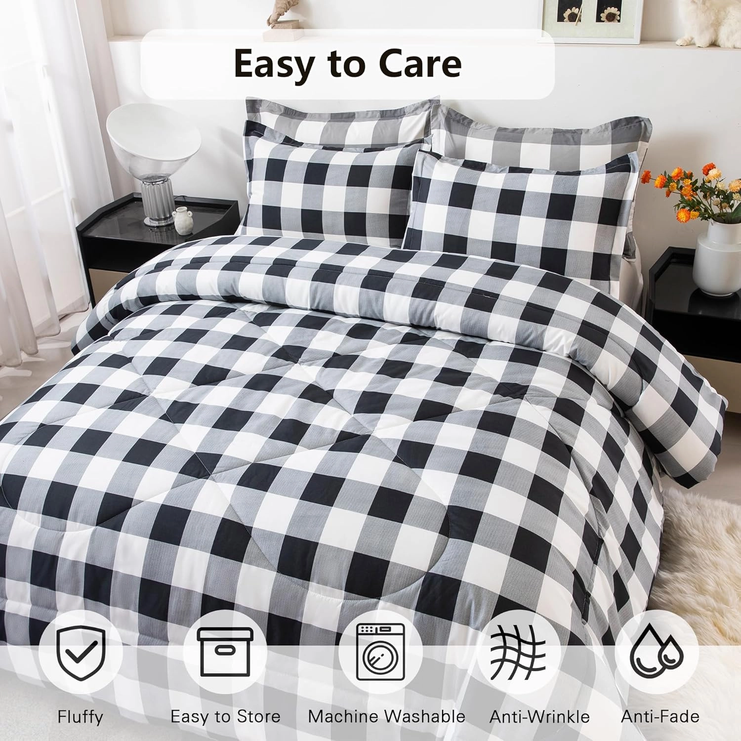 LUCKYBULL King Comforter Set 3 Pieces Fluffy Bedding Set Black Plaid Down Alternative Comforter, Buffalo Checkered Soft Textured Comforter with 2 Pillowcases All Seasons, Black White Gray