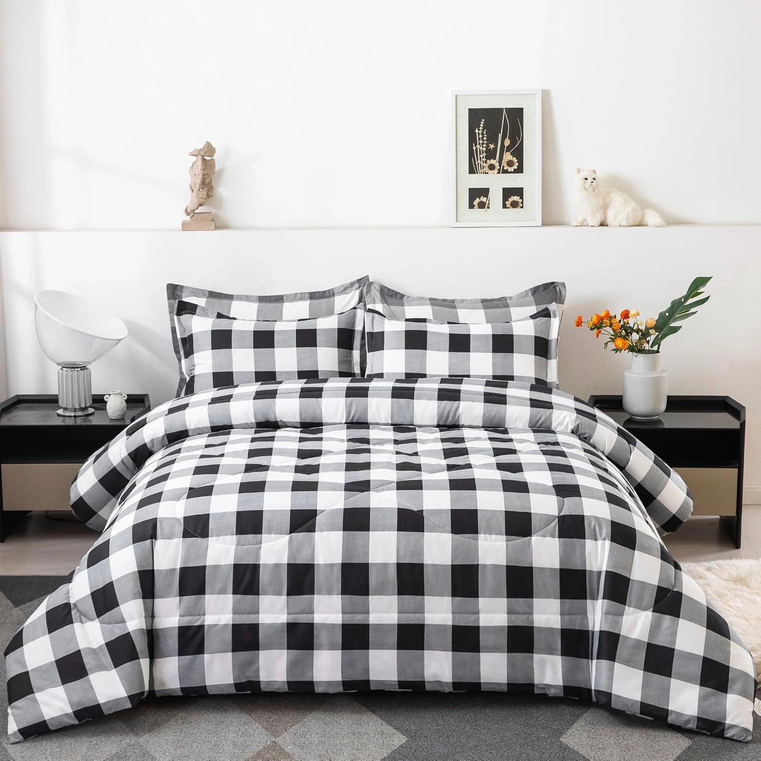 LUCKYBULL King Comforter Set 3 Pieces Fluffy Bedding Set Black Plaid Down Alternative Comforter, Buffalo Checkered Soft Textured Comforter with 2 Pillowcases All Seasons, Black White Gray