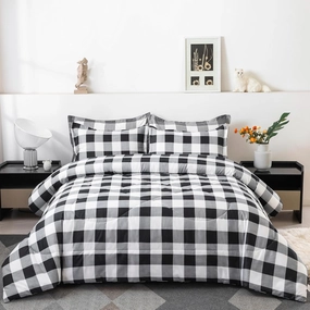 LUCKYBULL King Comforter Set 3 Pieces Fluffy Bedding Set Black Plaid Down Alternative Comforter, Buffalo Checkered Soft Textured Comforter with 2 Pillowcases All Seasons, Black White Gray