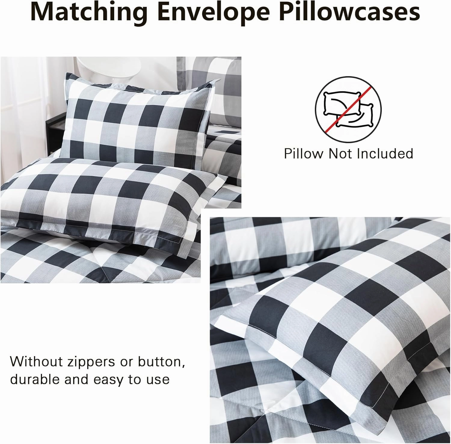 LUCKYBULL King Comforter Set 3 Pieces Fluffy Bedding Set Black Plaid Down Alternative Comforter, Buffalo Checkered Soft Textured Comforter with 2 Pillowcases All Seasons, Black White Gray