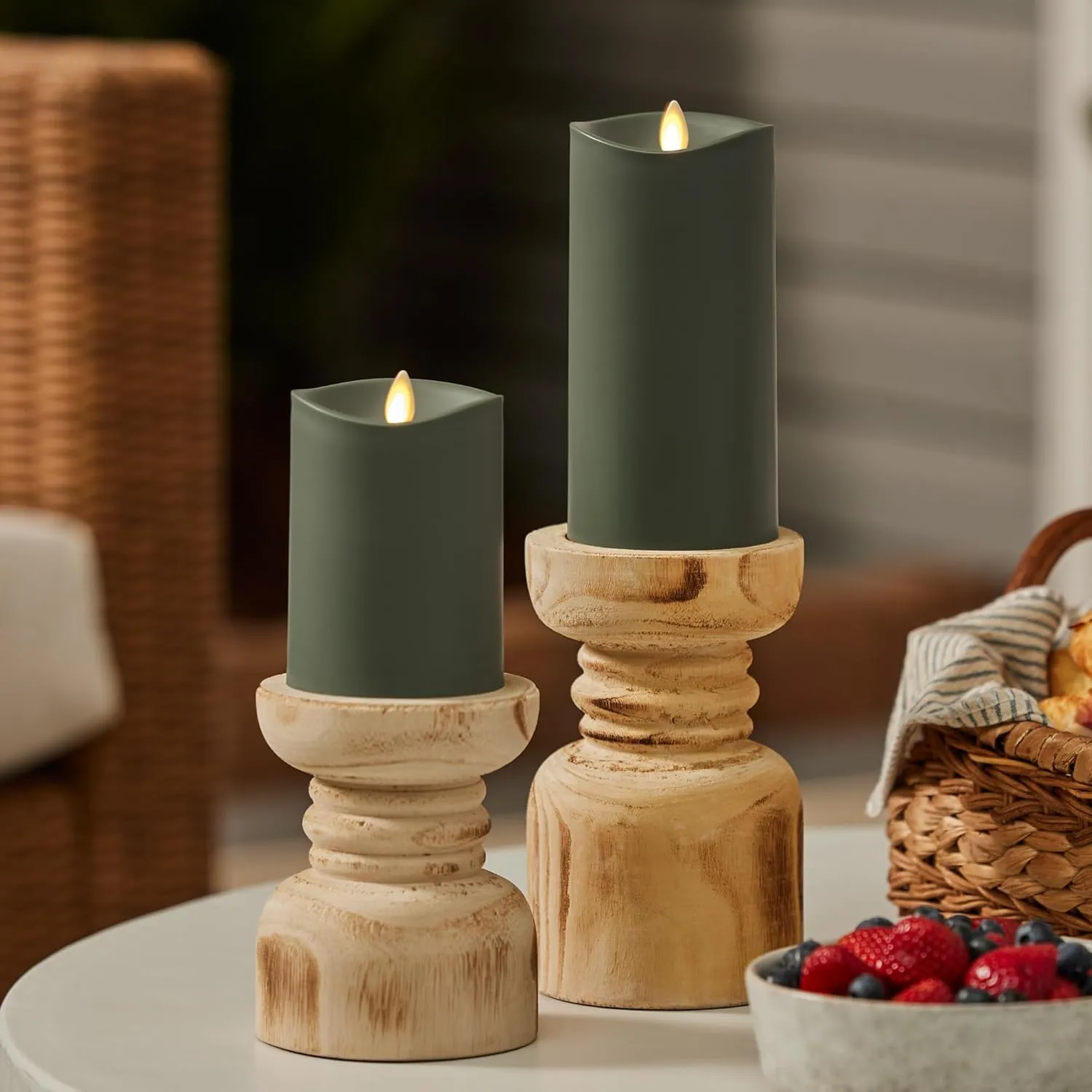 Luminara Outdoor Flameless LED Candle, Loden Green 3.25" x 7", Moving Flame Pillar Timer Battery Operated Premium Plastic IPX4 Water Resistance