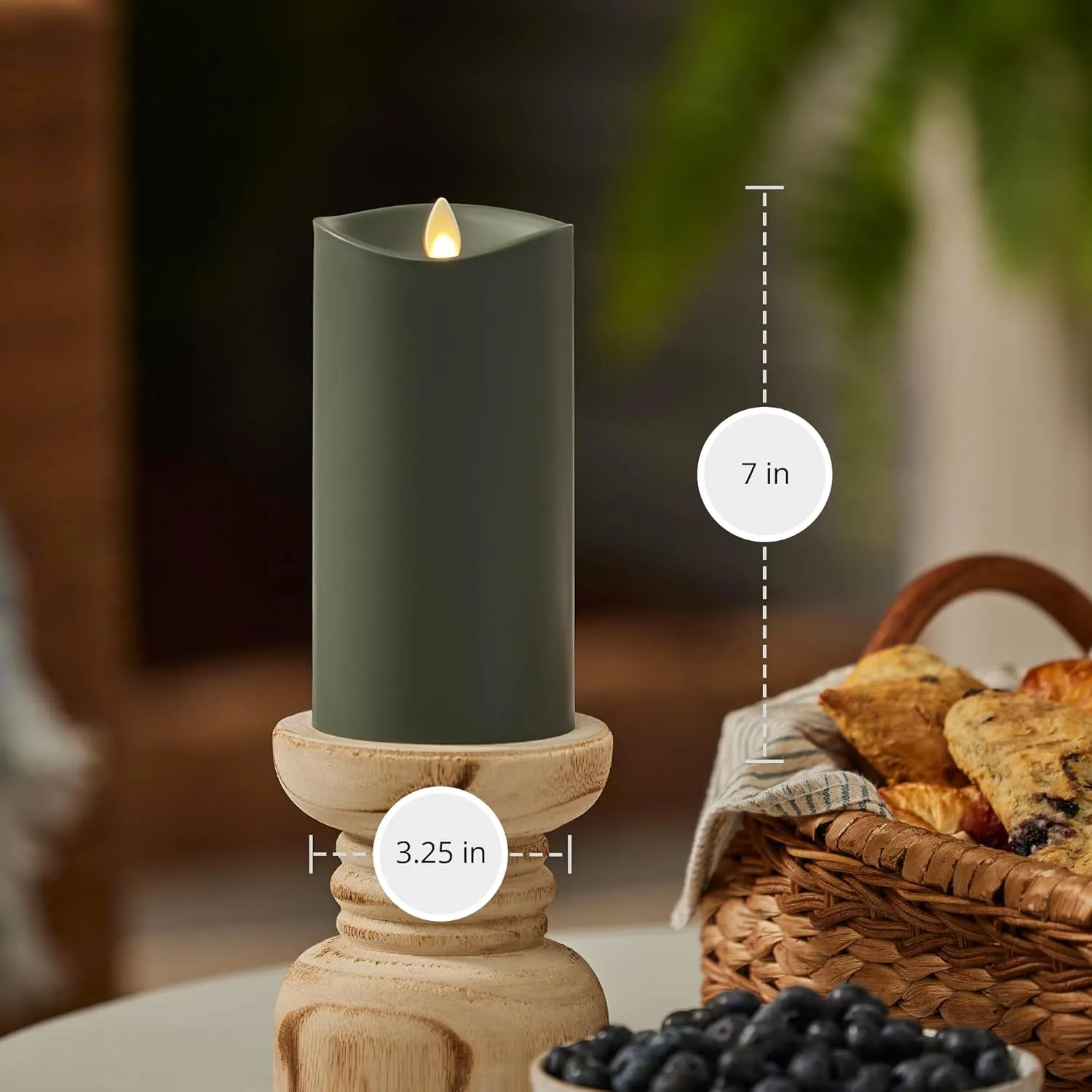 Luminara Outdoor Flameless LED Candle, Loden Green 3.25" x 7", Moving Flame Pillar Timer Battery Operated Premium Plastic IPX4 Water Resistance
