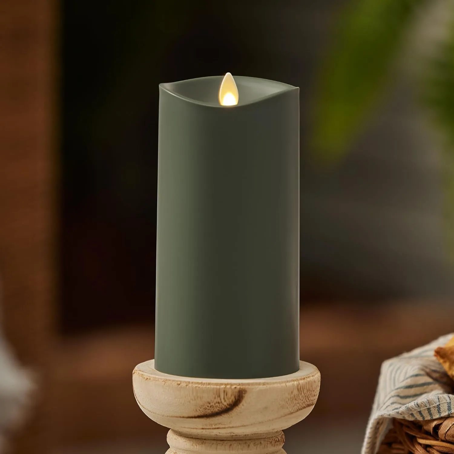 Luminara Outdoor Flameless LED Candle, Loden Green 3.25" x 7", Moving Flame Pillar Timer Battery Operated Premium Plastic IPX4 Water Resistance