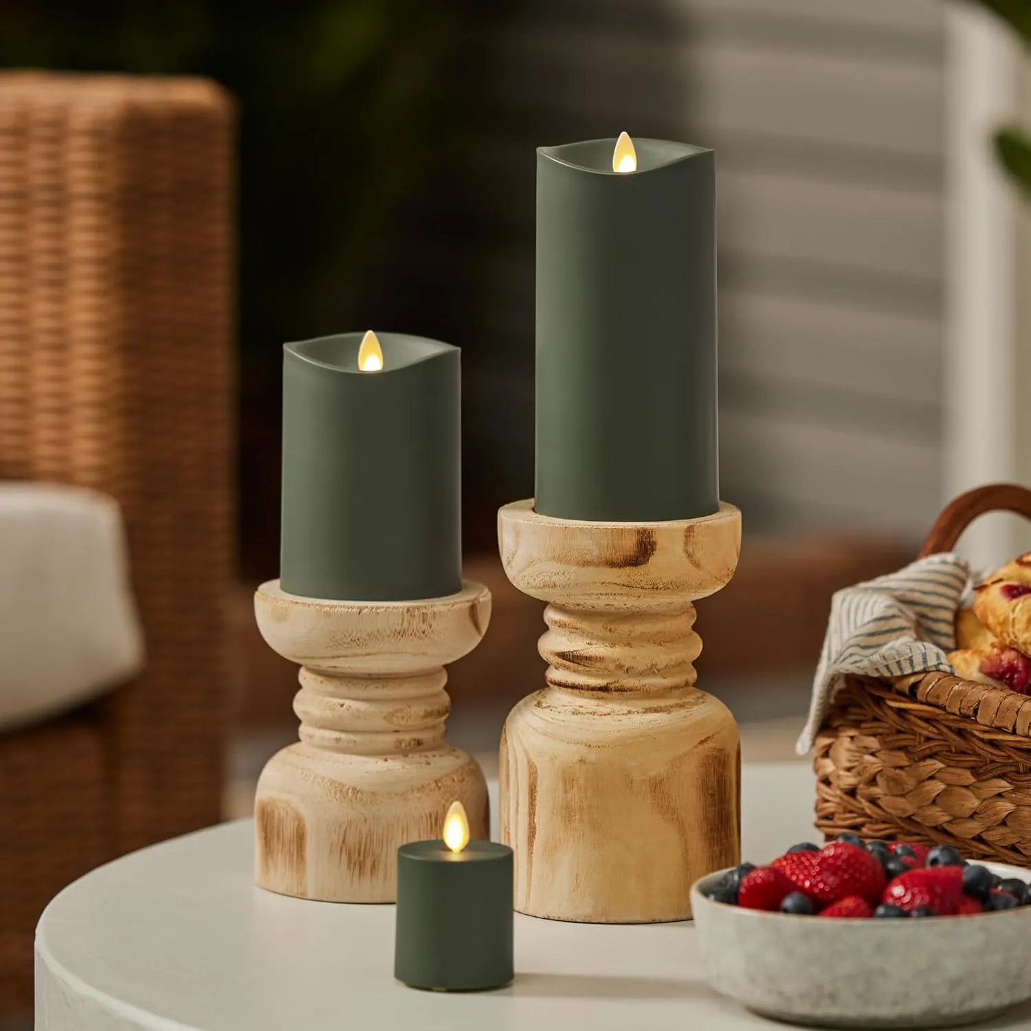 Luminara Outdoor Flameless LED Candle, Loden Green 3.25" x 7", Moving Flame Pillar Timer Battery Operated Premium Plastic IPX4 Water Resistance