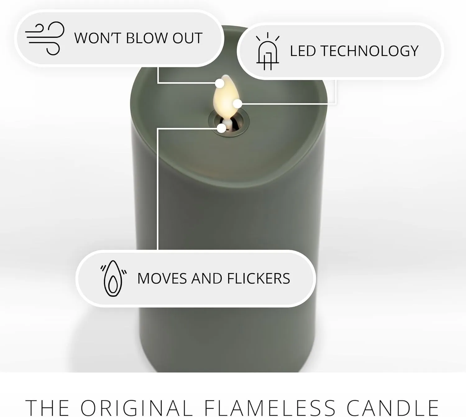 Luminara Outdoor Flameless LED Candle, Loden Green 3.25" x 7", Moving Flame Pillar Timer Battery Operated Premium Plastic IPX4 Water Resistance