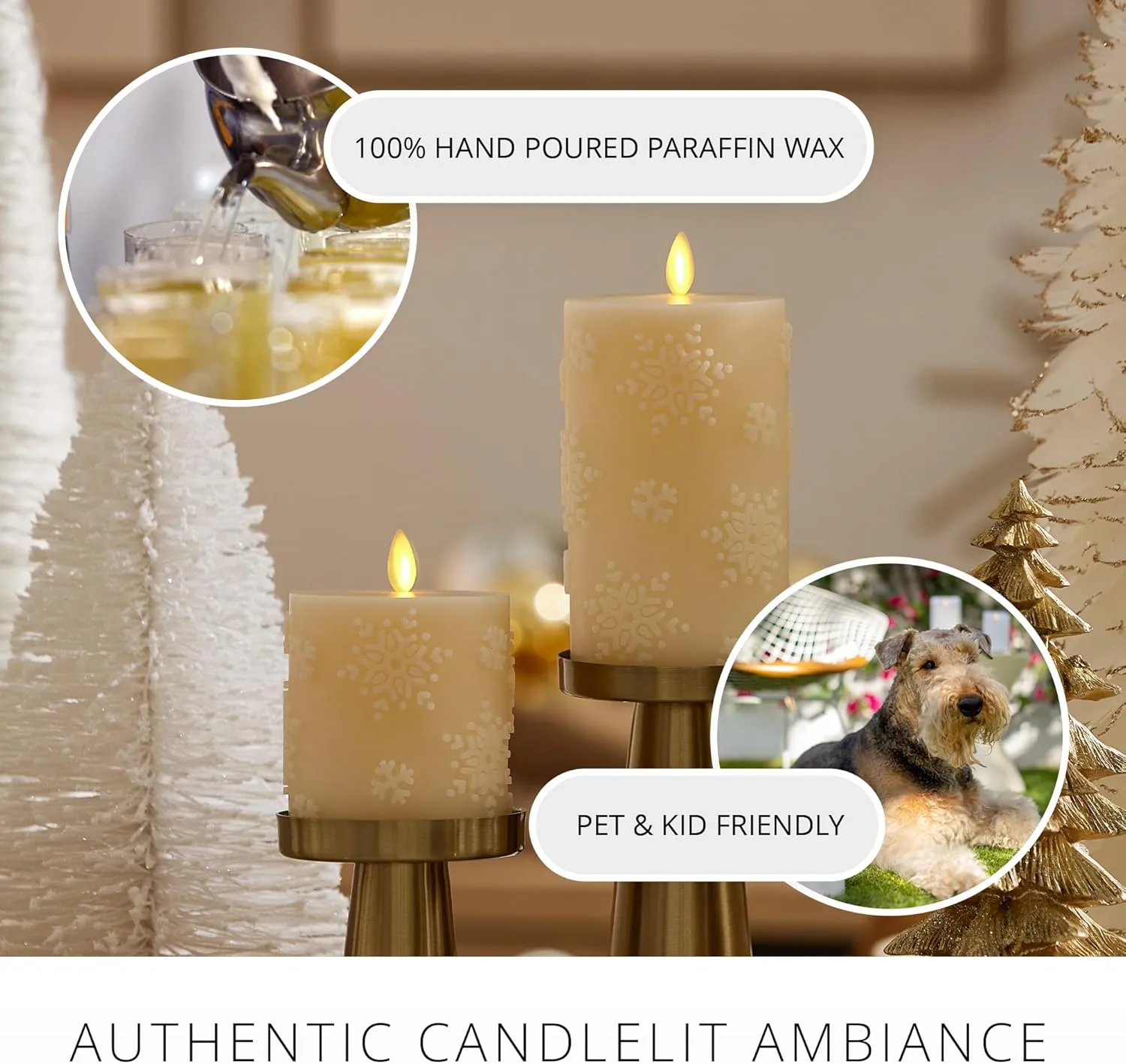 Luminara White Swan Snowflake Embossed Flameless LED Candle, 3.2" x 4.5", Moving Flame, Safe Timer Feature, Real Wax, Battery Operated Home Décor