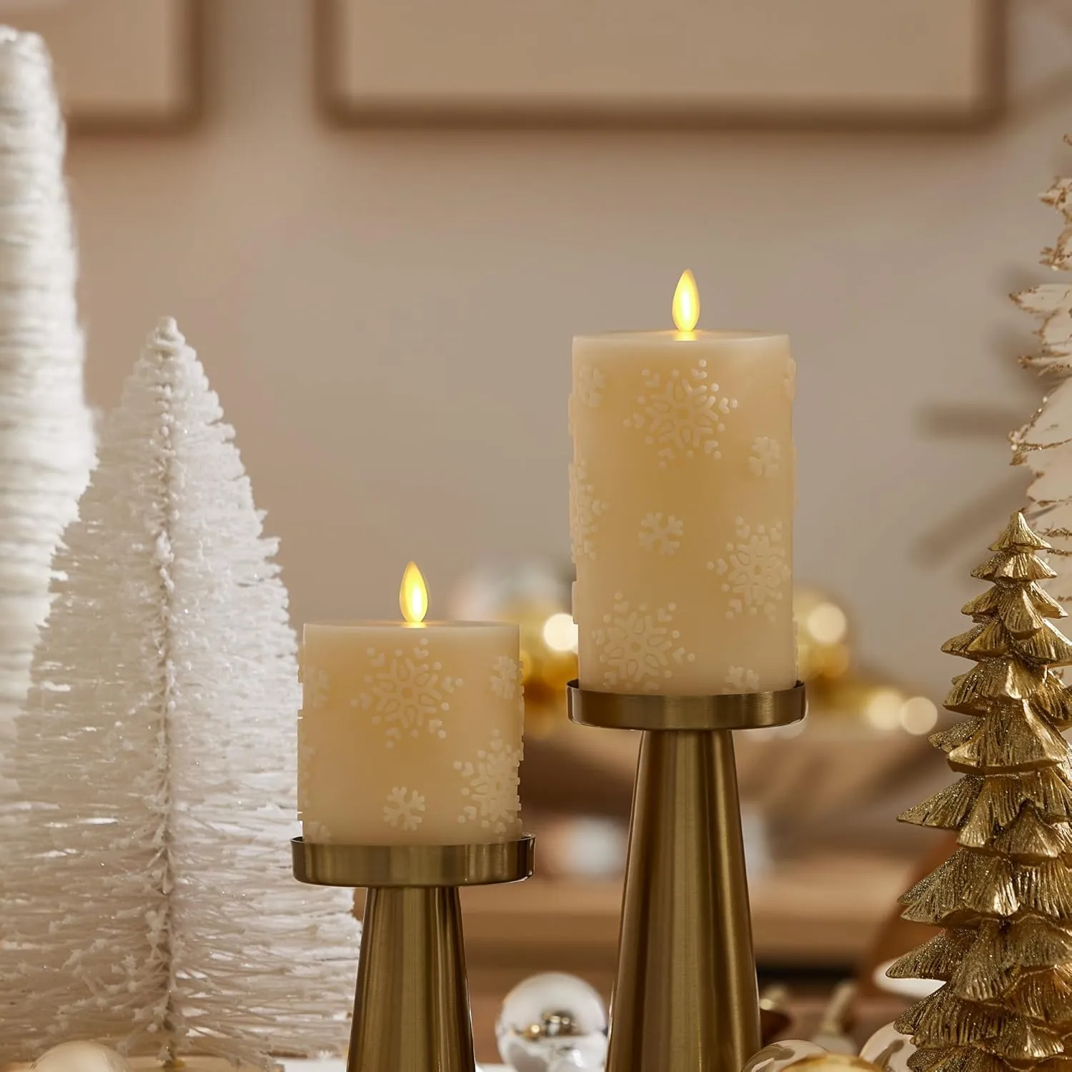 Luminara White Swan Snowflake Embossed Flameless LED Candle, 3.2" x 4.5", Moving Flame, Safe Timer Feature, Real Wax, Battery Operated Home Décor