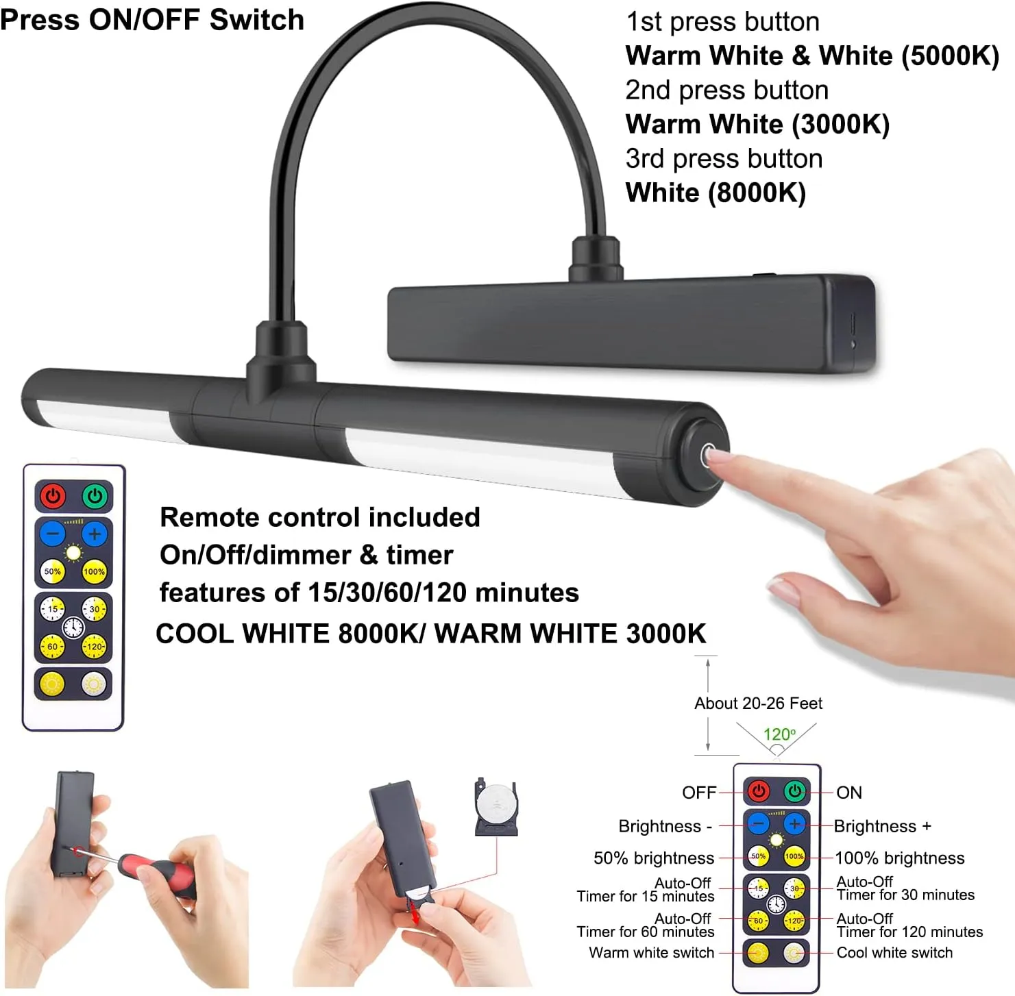 LUXSWAY Picture Lights for Paintings,Rechargeable Battery Wireless Art Light with Remote Control,Dimmable and Timer Off Display Lights with Rotatable Light Tube for Portrait,Dart Board,Gallery