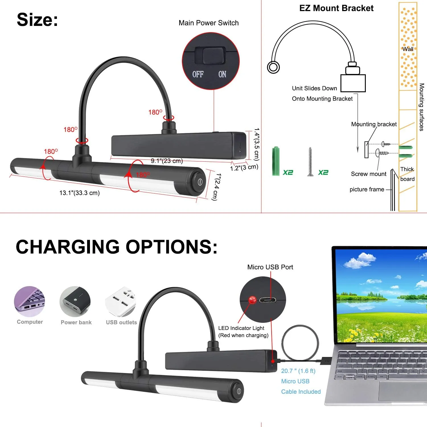 LUXSWAY Picture Lights for Paintings,Rechargeable Battery Wireless Art Light with Remote Control,Dimmable and Timer Off Display Lights with Rotatable Light Tube for Portrait,Dart Board,Gallery