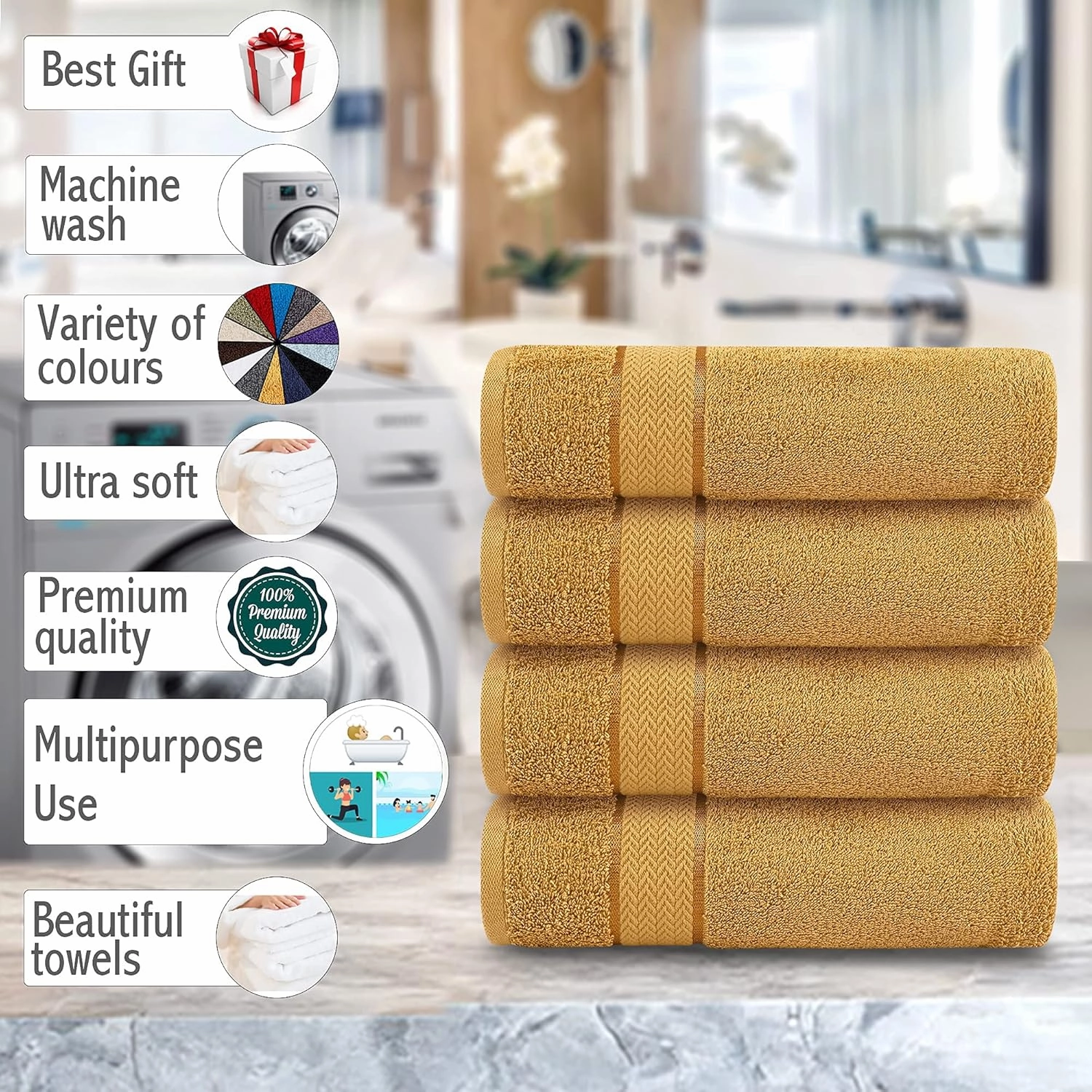 Luxury Bath Towels| 100% Cotton| Ultra Soft, Plush, Thick, Fluffy, Highly Absorbent, Quick Dry| Home, Gym, Pool, Hotel, Shower | Large Towel Set for Bathroom| Set of 4| 27 x 54| Gold / Golden