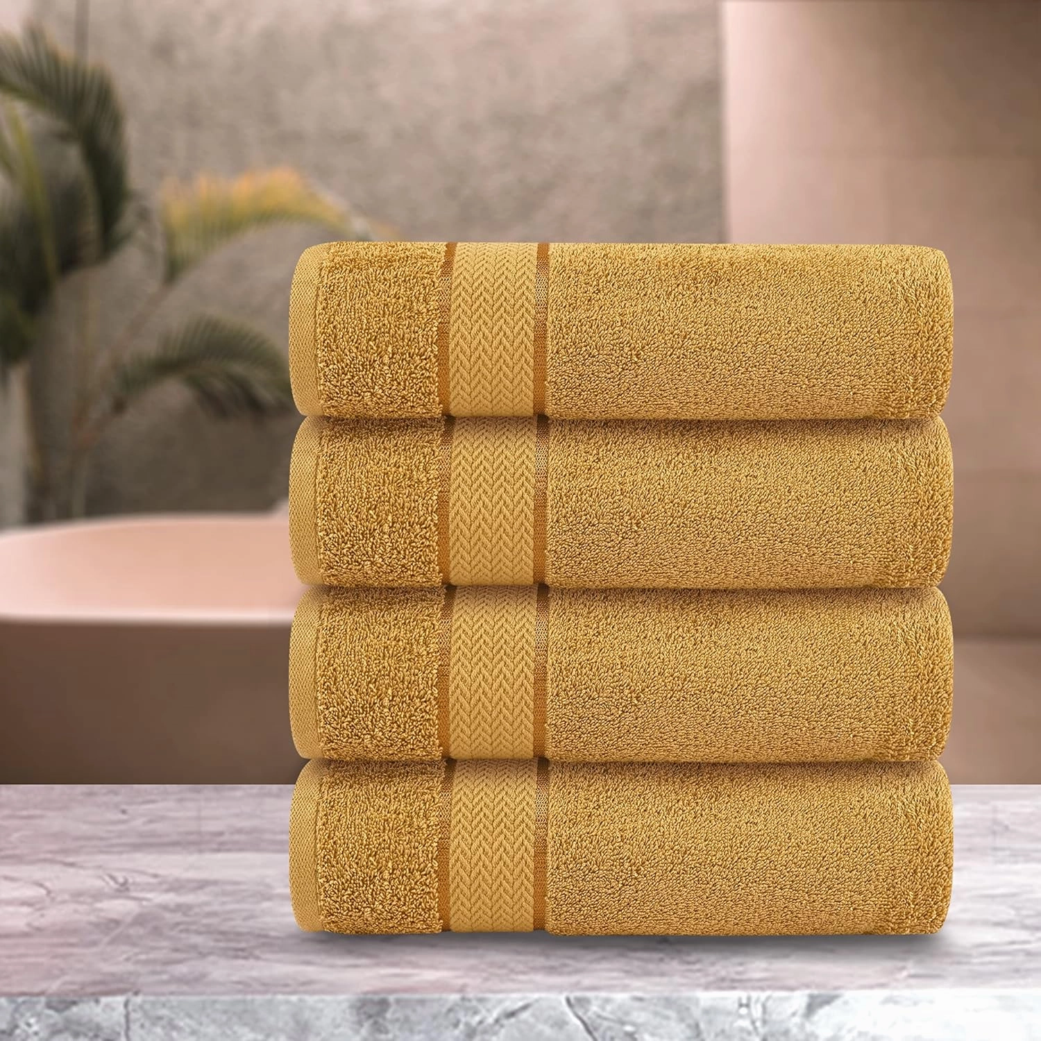 Luxury Bath Towels| 100% Cotton| Ultra Soft, Plush, Thick, Fluffy, Highly Absorbent, Quick Dry| Home, Gym, Pool, Hotel, Shower | Large Towel Set for Bathroom| Set of 4| 27 x 54| Gold / Golden