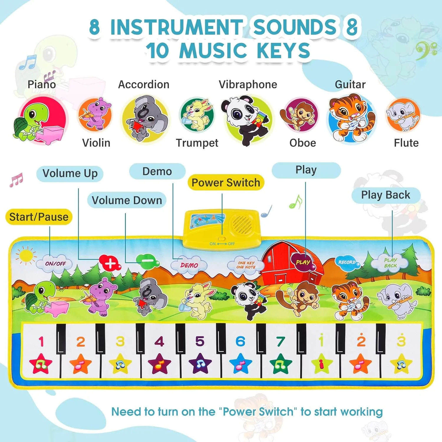 M SANMERSEN Piano Mat, 39.5" X 14" Musical Mat 8 Instrument Sounds Piano Mat for Toddlers Touch Play Dancing Mat Toy for 1 2 3 Year Old Girls Boys Gifts