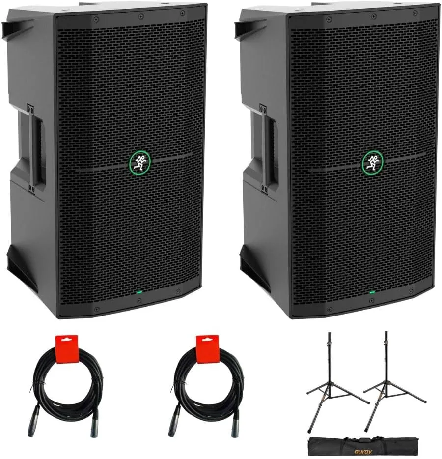 Mackie Thump 210 (2 Pack) Bundle with XLR- XLR Cable (2 Pack), Auray SS-47S-PB Deluxe Height-Adjustable Steel Speaker Stands with Tripod Base and Carrying Case