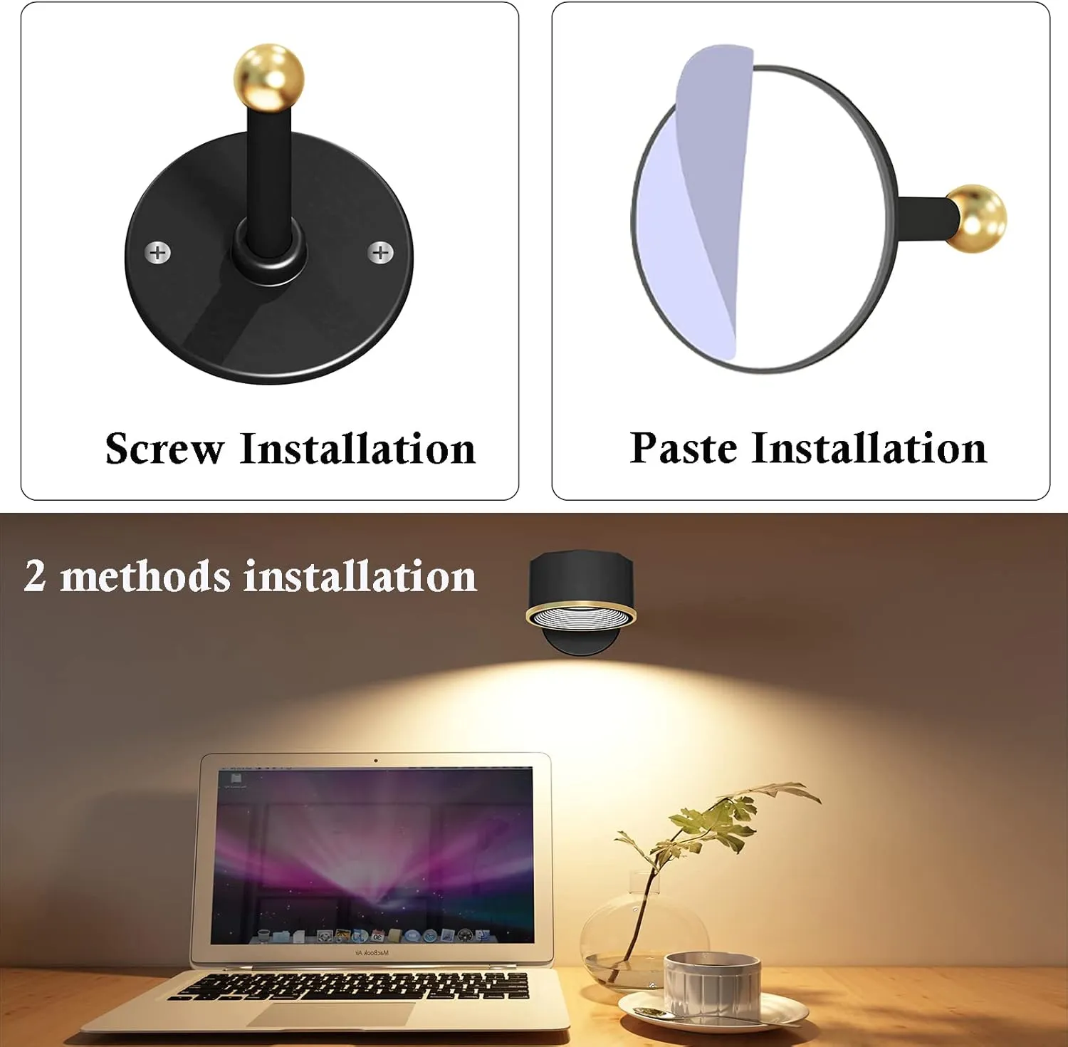 Magnetic Wall Sconce 16 RGB Colors Dimmable, 2 Pack Rechargeable Battery Operated USB, Picture Painting Wall Light with Remote, 360° Rotate Magnetic Ball LED Wall Mounted Lamp (Black)
