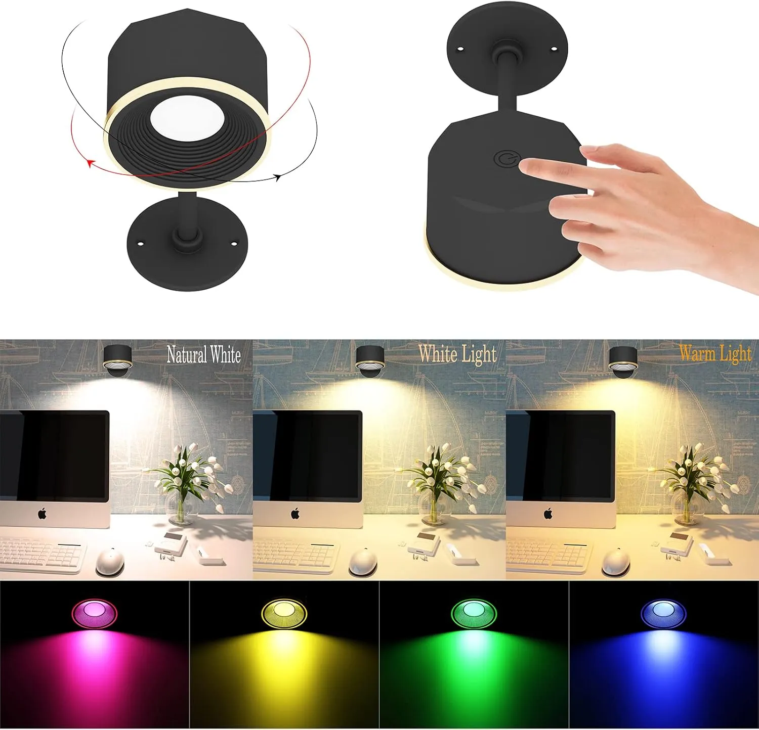 Magnetic Wall Sconce 16 RGB Colors Dimmable, 2 Pack Rechargeable Battery Operated USB, Picture Painting Wall Light with Remote, 360° Rotate Magnetic Ball LED Wall Mounted Lamp (Black)