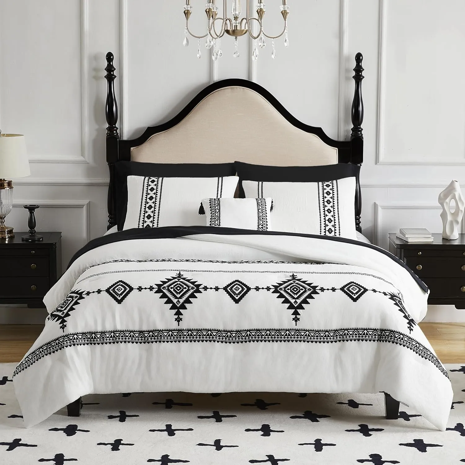 MAIREVE Embroidery Comforter Set Queen Size - 7 Piece, White Boho Western Bedding All Season Bed in A Bag, Farmhouse Queen Comforter Set with Sheets, Pillowcases & Shams