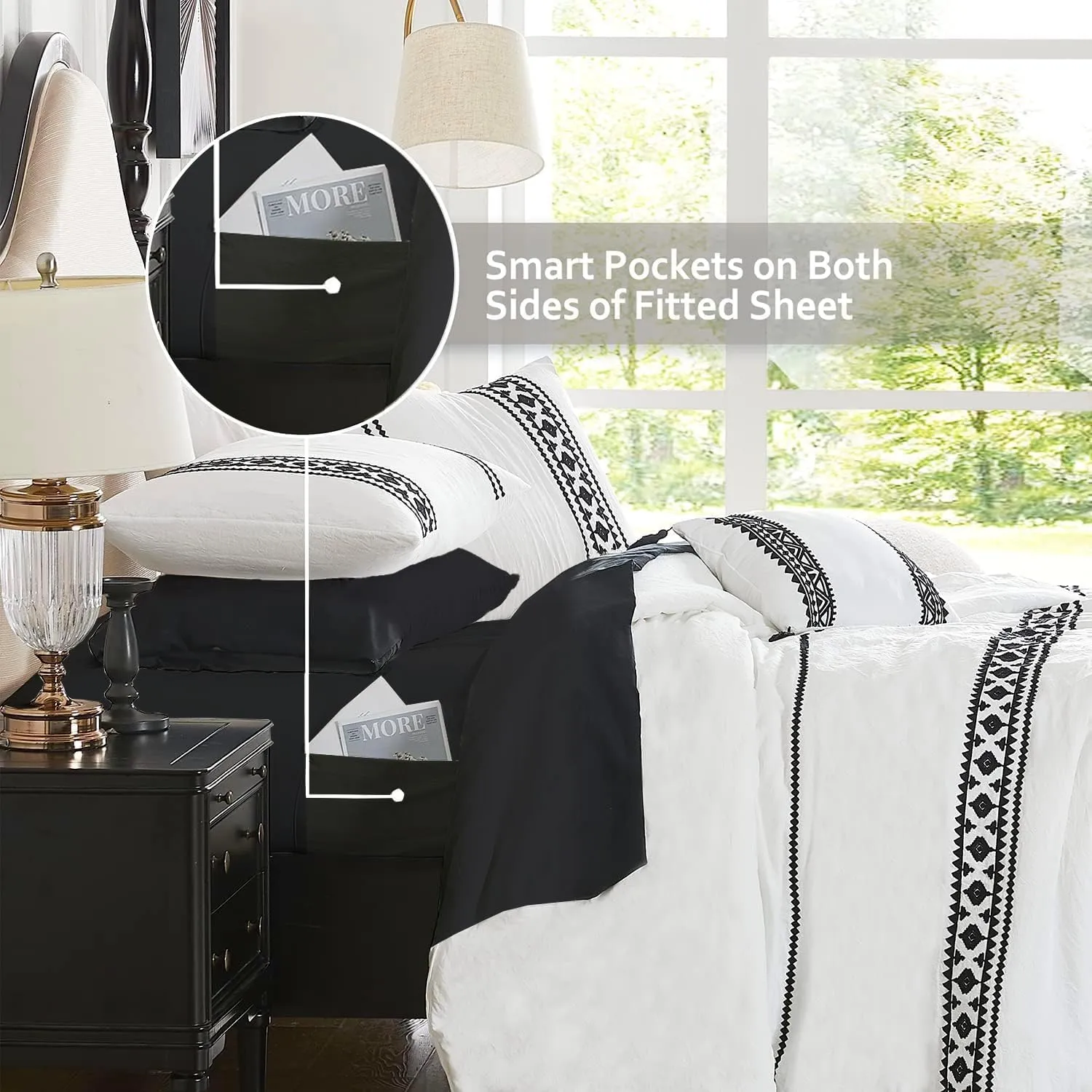 MAIREVE Embroidery Comforter Set Queen Size - 7 Piece, White Boho Western Bedding All Season Bed in A Bag, Farmhouse Queen Comforter Set with Sheets, Pillowcases & Shams