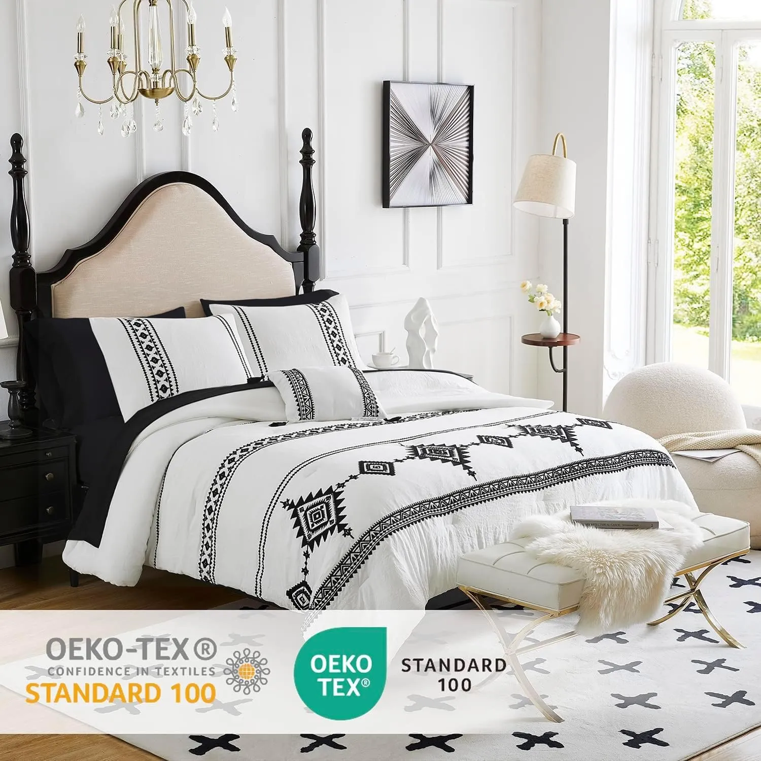 MAIREVE Embroidery Comforter Set Queen Size - 7 Piece, White Boho Western Bedding All Season Bed in A Bag, Farmhouse Queen Comforter Set with Sheets, Pillowcases & Shams