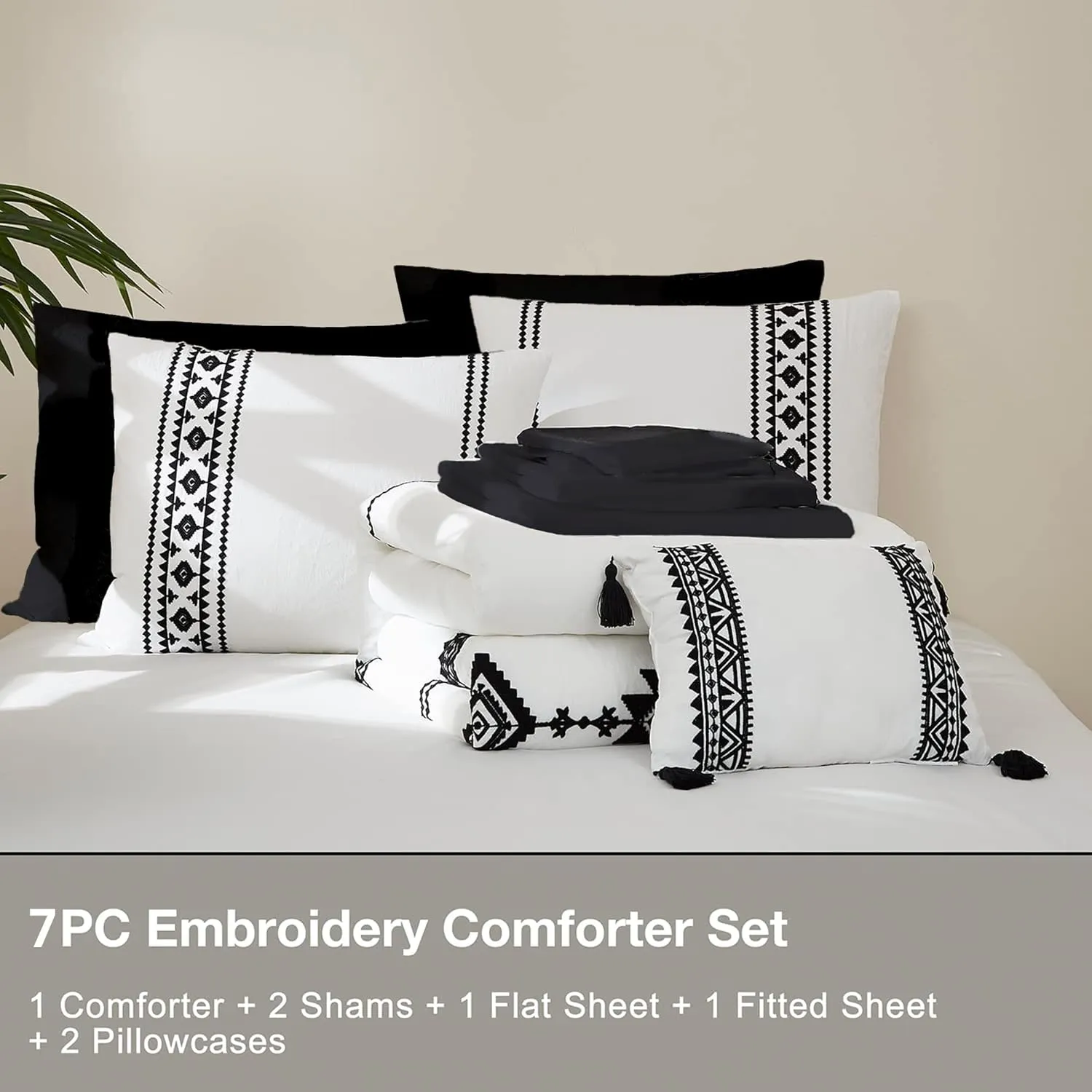 MAIREVE Embroidery Comforter Set Queen Size - 7 Piece, White Boho Western Bedding All Season Bed in A Bag, Farmhouse Queen Comforter Set with Sheets, Pillowcases & Shams