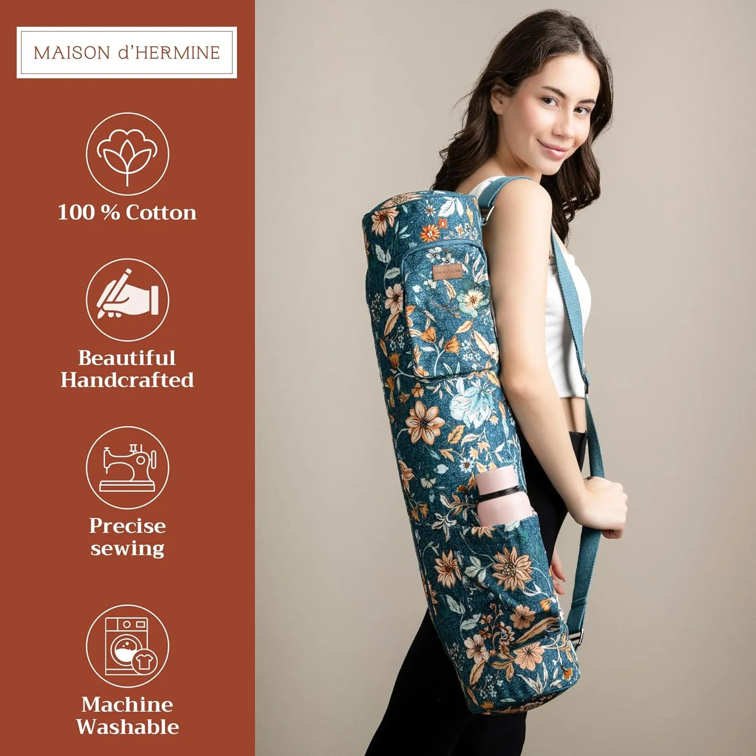 Maison d'Hermine Yoga Mat bag, Cylindrical bag for Woman&Men, yoga mat Bag &Adjustable shoulder straps Yoga Mat Carrier Bag with Drawstring Water Bottle Pocket and zipper pocket