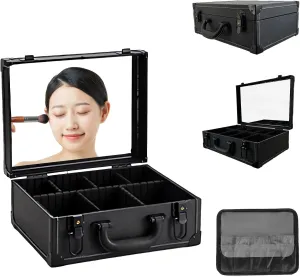 Makeup Bag with Mirror Leather Travel Makeup Case Portable Cosmetic Bag Adjustable Divider Brush Board Case