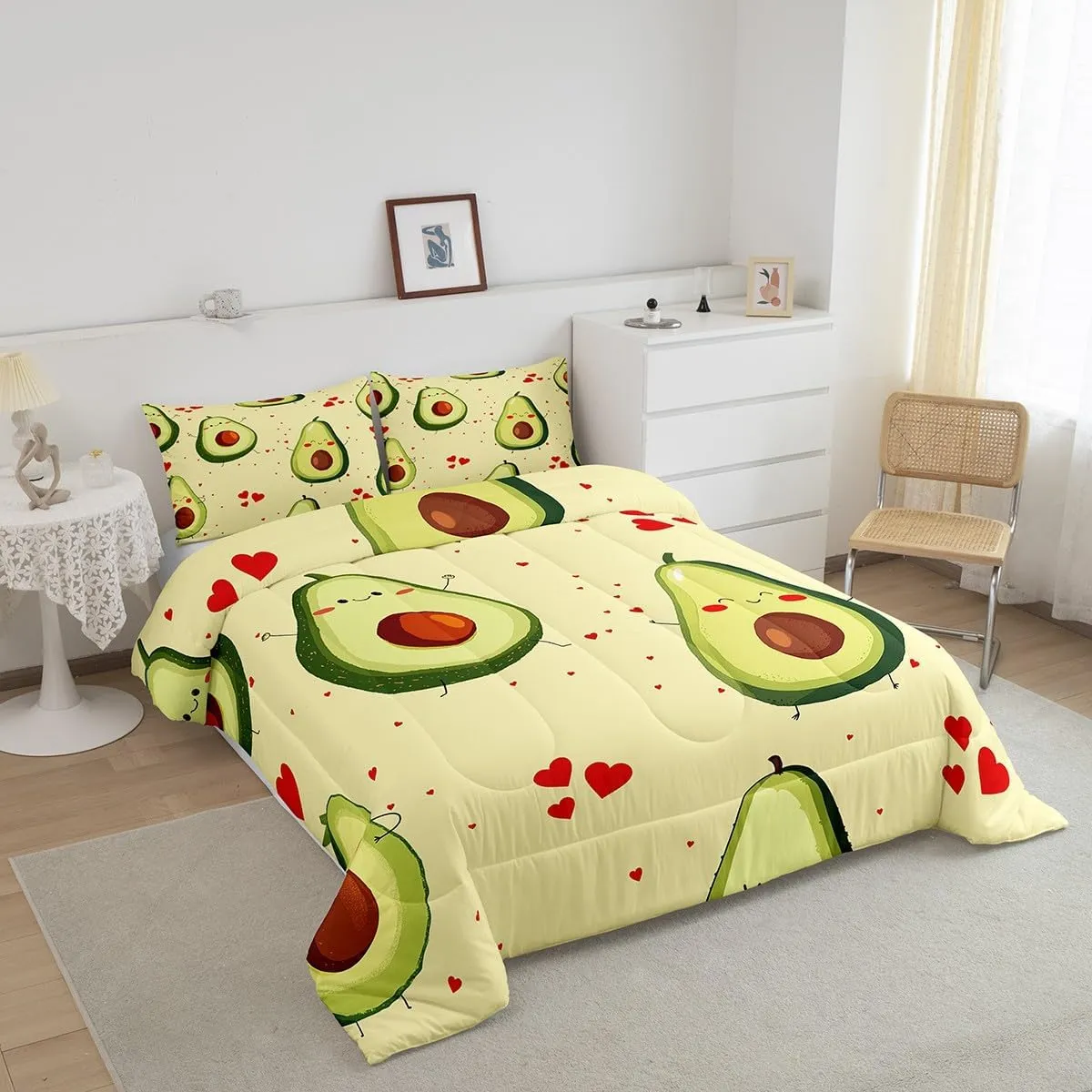Manfei Cute Avocado Comforter Set Queen Size Lovely Fruits Theme Bedding Set 3pcs for Kids Boys Girls Room Decor, Red Love Hearts Print Quilt Set Modern Fashion Duvet Set with 2 Pillowcases