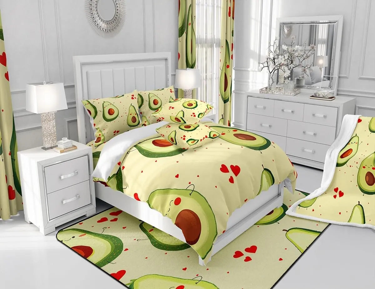 Manfei Cute Avocado Comforter Set Queen Size Lovely Fruits Theme Bedding Set 3pcs for Kids Boys Girls Room Decor, Red Love Hearts Print Quilt Set Modern Fashion Duvet Set with 2 Pillowcases