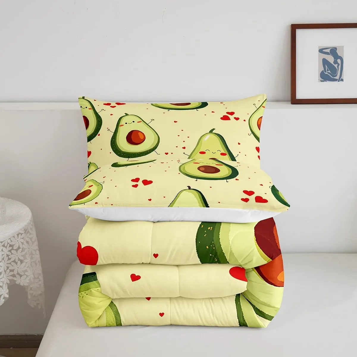 Manfei Cute Avocado Comforter Set Queen Size Lovely Fruits Theme Bedding Set 3pcs for Kids Boys Girls Room Decor, Red Love Hearts Print Quilt Set Modern Fashion Duvet Set with 2 Pillowcases