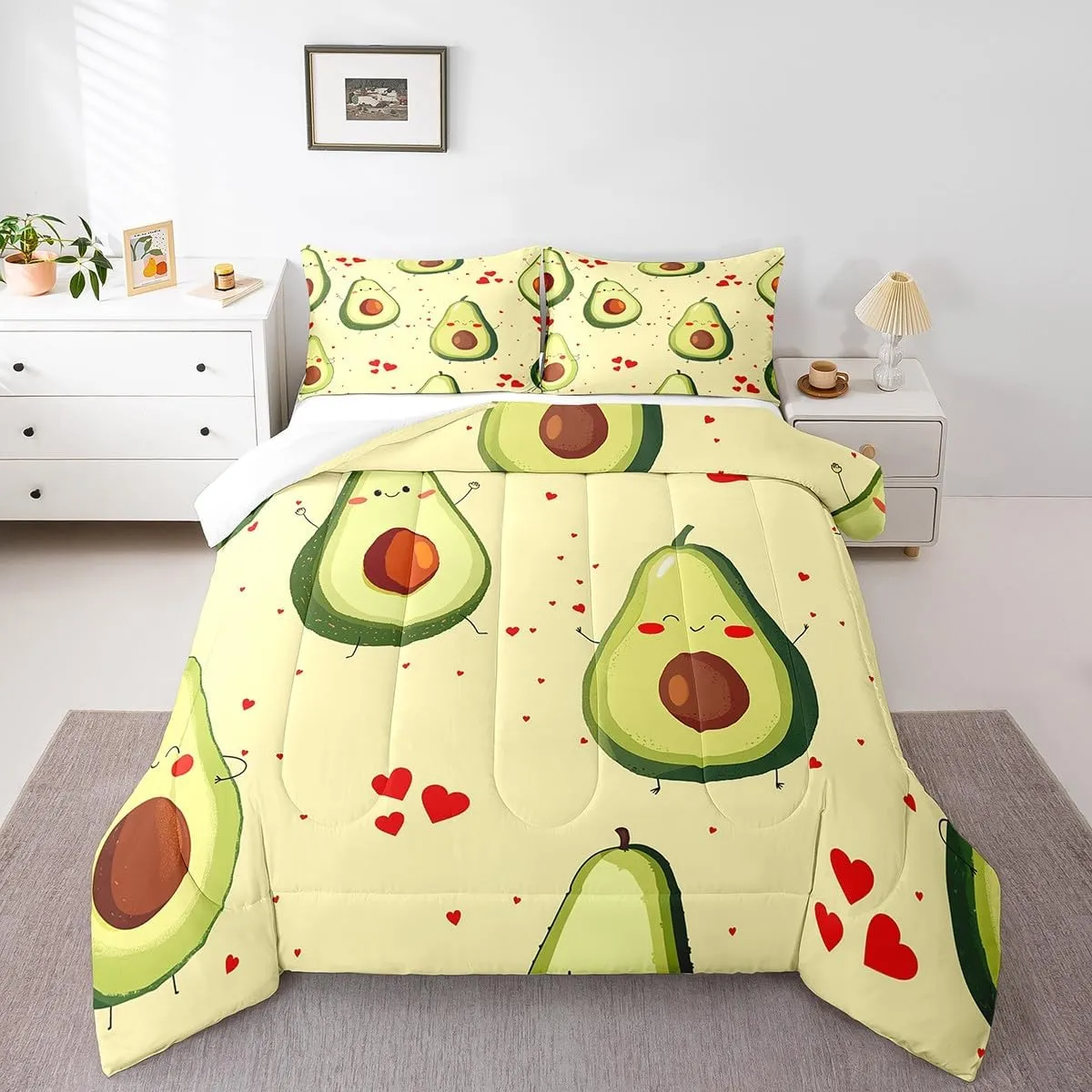 Manfei Cute Avocado Comforter Set Queen Size Lovely Fruits Theme Bedding Set 3pcs for Kids Boys Girls Room Decor, Red Love Hearts Print Quilt Set Modern Fashion Duvet Set with 2 Pillowcases