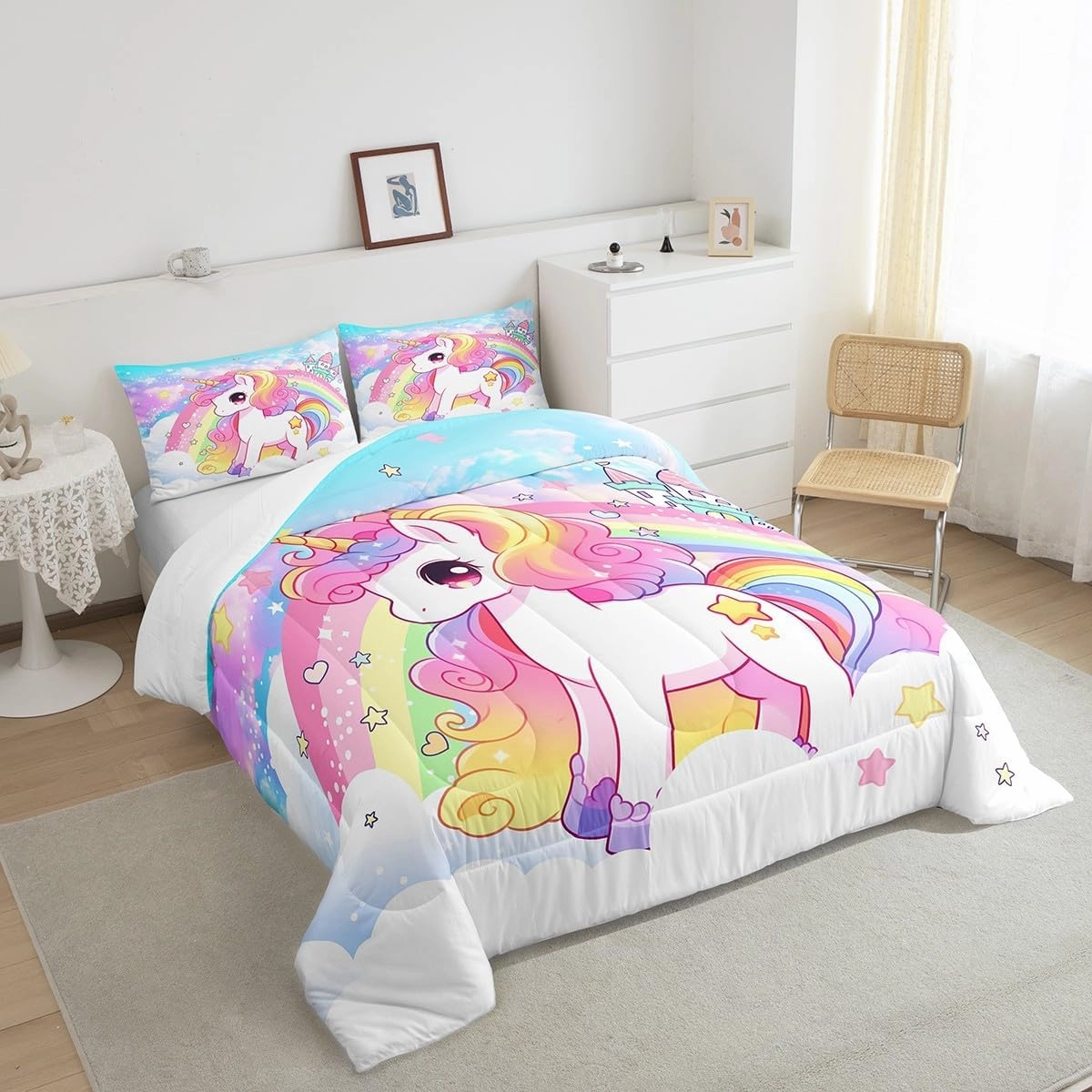 Manfei Cute Unicorn Kids Comforter Set King Size,Rainbow Stars Cloud Dreamy Bedding Set,Girls Women Room Decor,Cartoon Animals Castle Girly Down Comforter,Pink Blue Unique Duvet Insert,2 Pillowcases