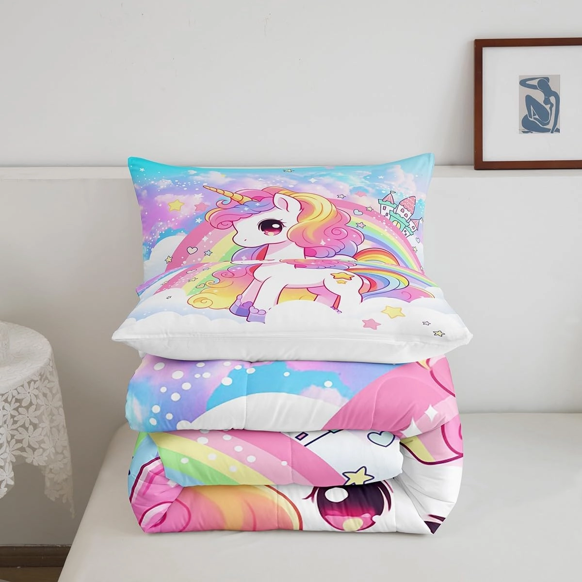 Manfei Cute Unicorn Kids Comforter Set King Size,Rainbow Stars Cloud Dreamy Bedding Set,Girls Women Room Decor,Cartoon Animals Castle Girly Down Comforter,Pink Blue Unique Duvet Insert,2 Pillowcases