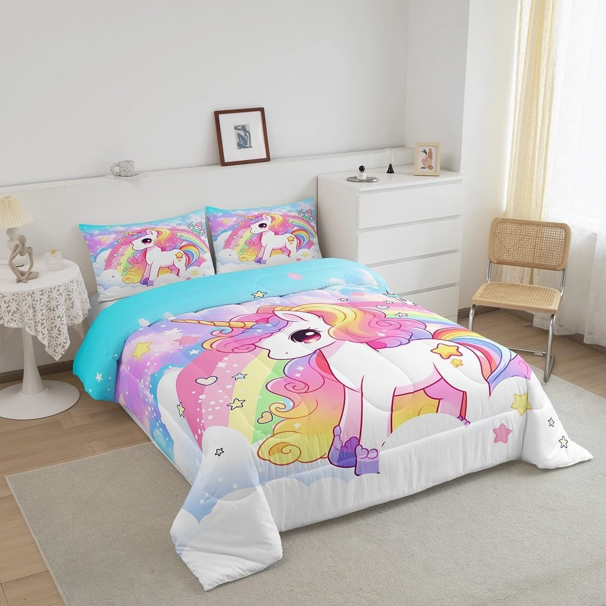 Manfei Cute Unicorn Kids Comforter Set King Size,Rainbow Stars Cloud Dreamy Bedding Set,Girls Women Room Decor,Cartoon Animals Castle Girly Down Comforter,Pink Blue Unique Duvet Insert,2 Pillowcases