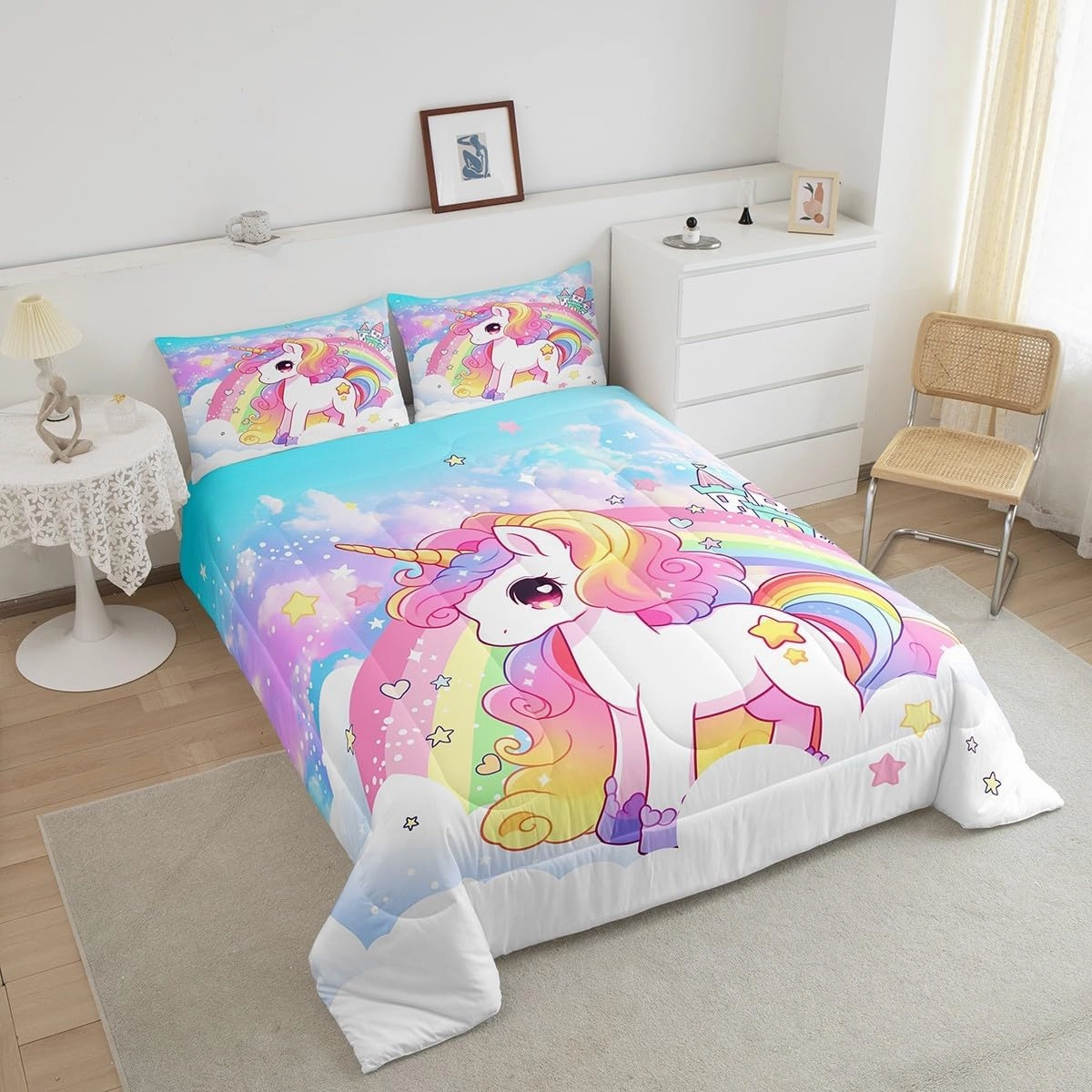Manfei Cute Unicorn Kids Comforter Set King Size,Rainbow Stars Cloud Dreamy Bedding Set,Girls Women Room Decor,Cartoon Animals Castle Girly Down Comforter,Pink Blue Unique Duvet Insert,2 Pillowcases