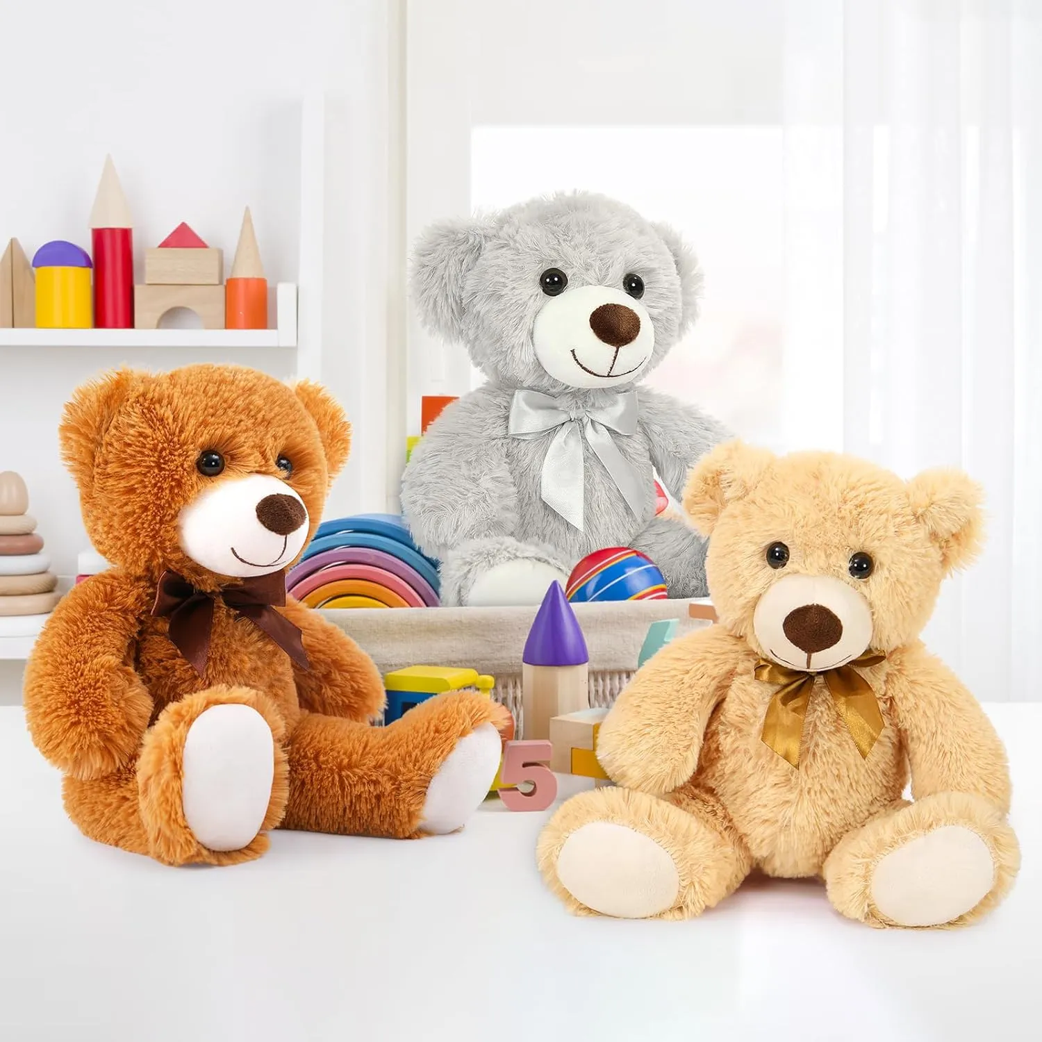 MaoGoLan 3 Pieces Bulk Teddy Bears Stuffed Animals Baby Shower, Soft Small Stuffed Teddy Bears in Bulk, 13.5" Cuddly Mini Teddy Bears Centerpiece,Wedding,Party,Engagement,Tan,Dark Brown,Gray