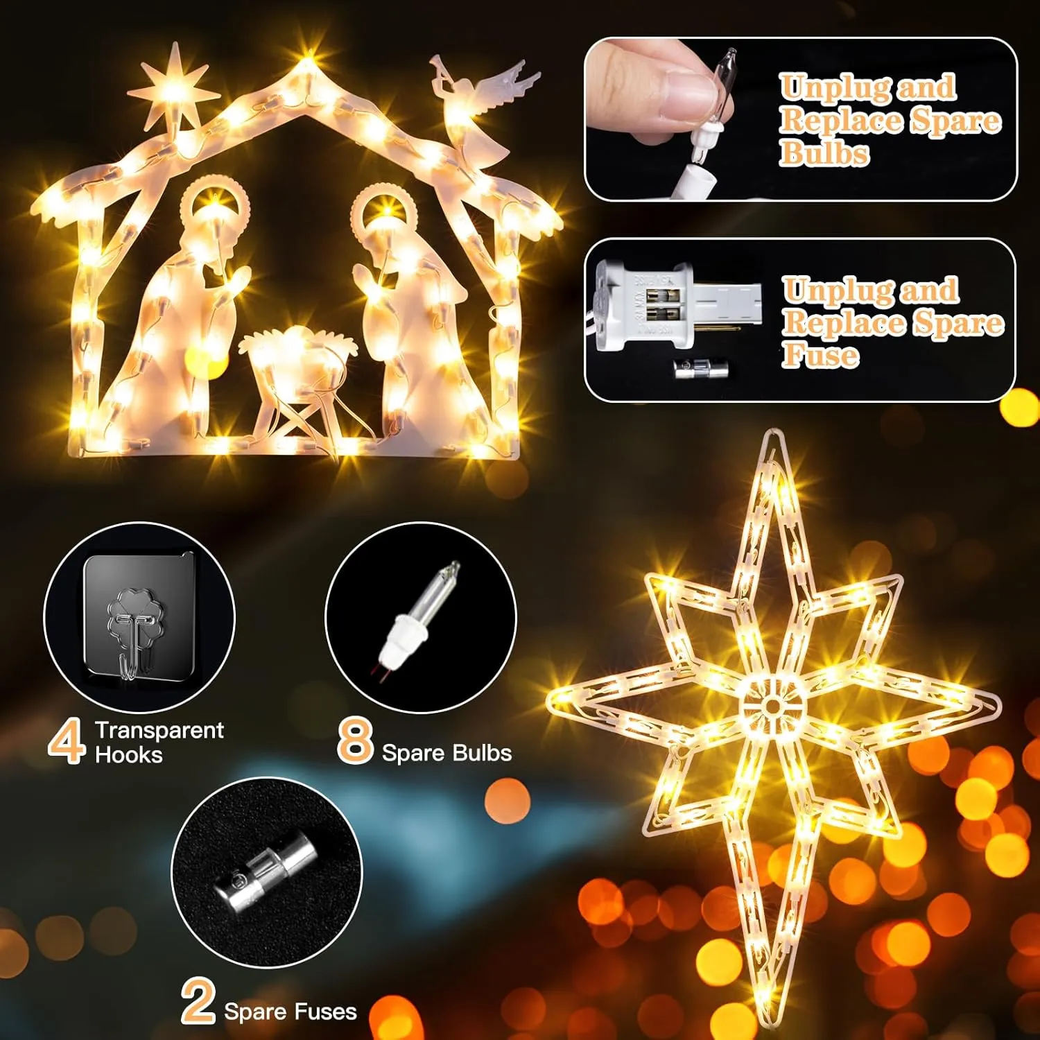 Marchpower Christmas Window Silhouette Lights 2 Pack, Lighted Nativity and Bethlehem Star for Window Decorations, Nativity Window Lights for Christmas, Holiday, Home, Indoor, Patio, Wall, Door Decor